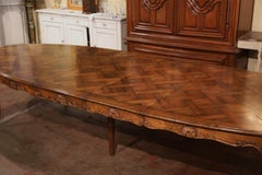 Mid-Century Louis XV Carved Walnut Oval Parquetry Dining Table with Leaves
