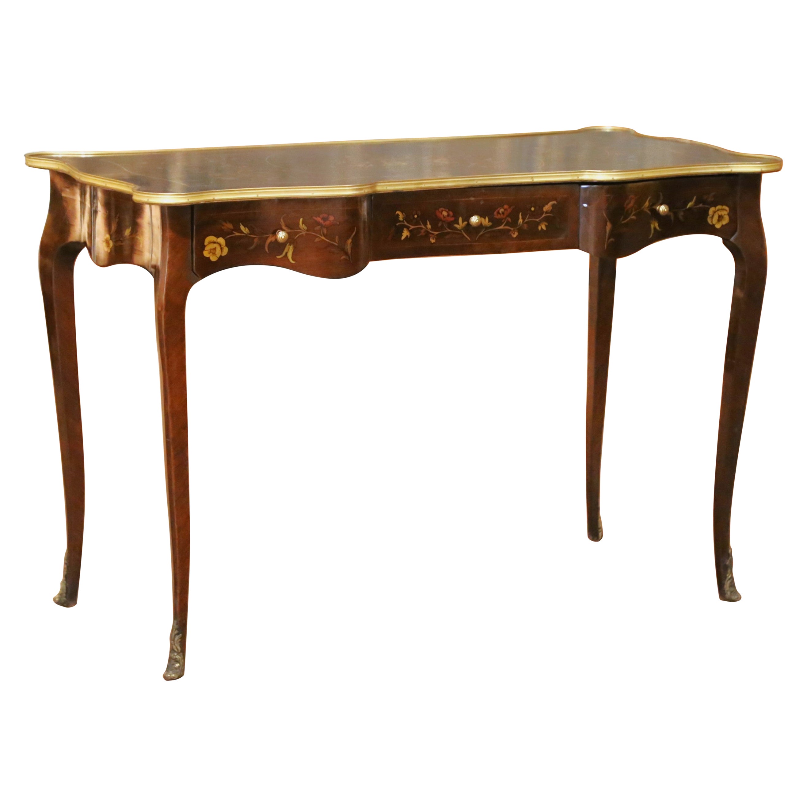 Mid-Century Louis XV Floral Marquetry Mahogany Writing Table with Brass Accents
