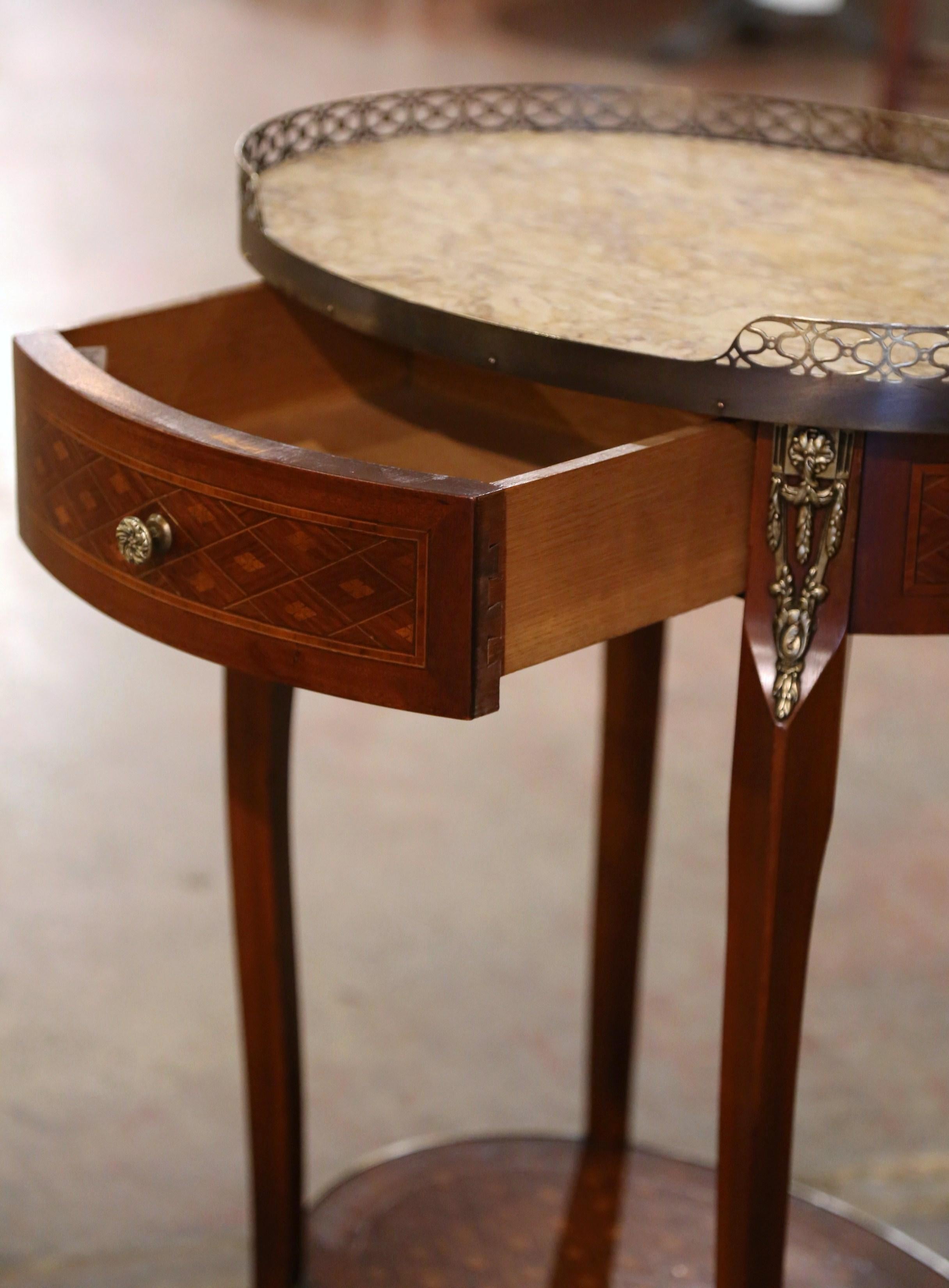 Mid-Century Louis XV French Marble Top Walnut Marquetry Oval Side Table For Sale 3