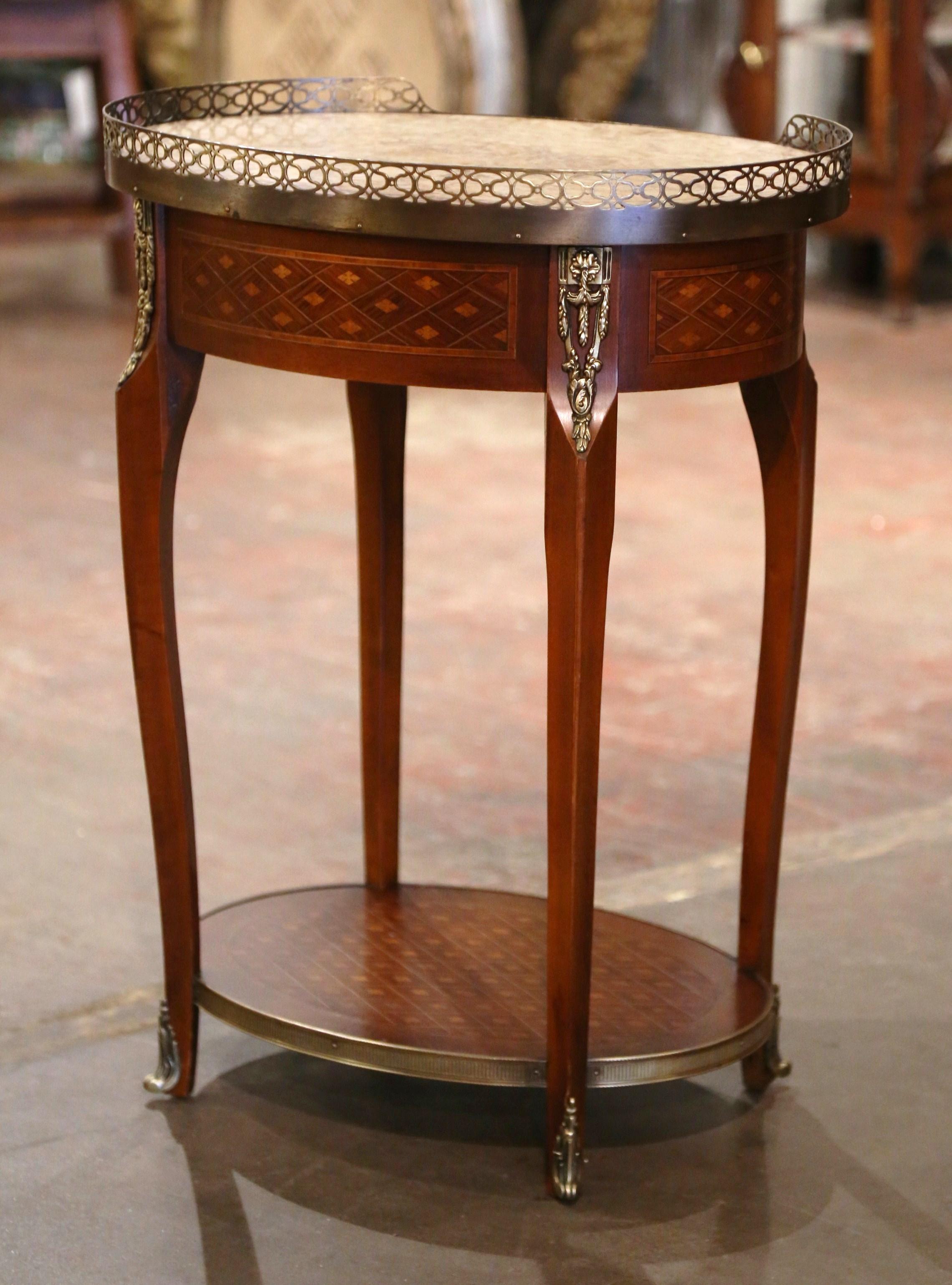 Mid-Century Louis XV French Marble Top Walnut Marquetry Oval Side Table For Sale 4
