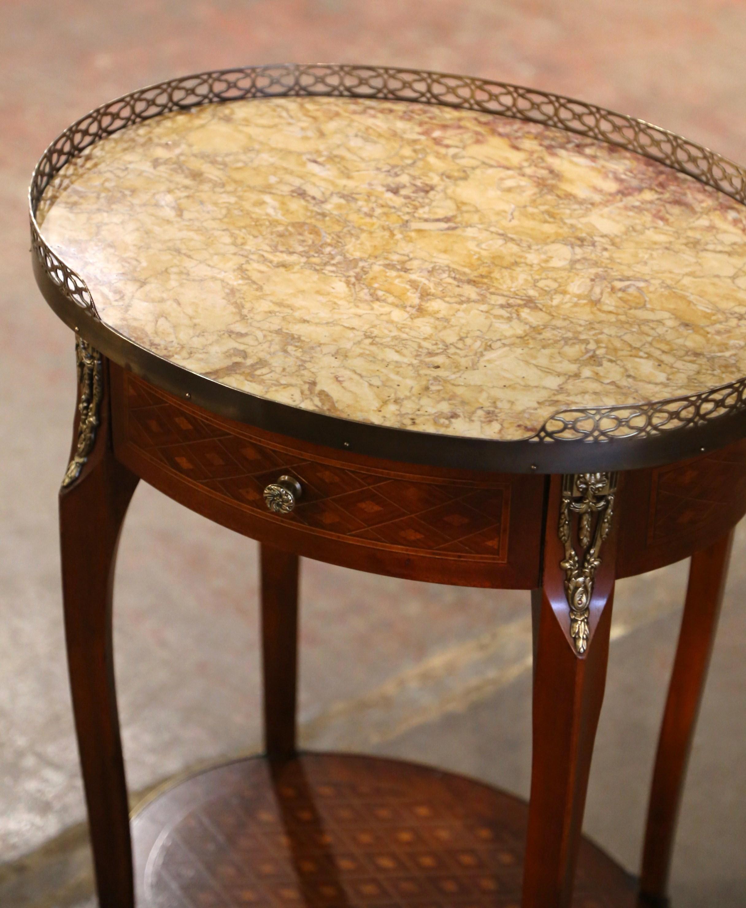 Brass Mid-Century Louis XV French Marble Top Walnut Marquetry Oval Side Table For Sale