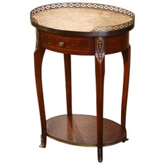 Mid-Century Louis XV French Marble Top Walnut Marquetry Oval Side Table