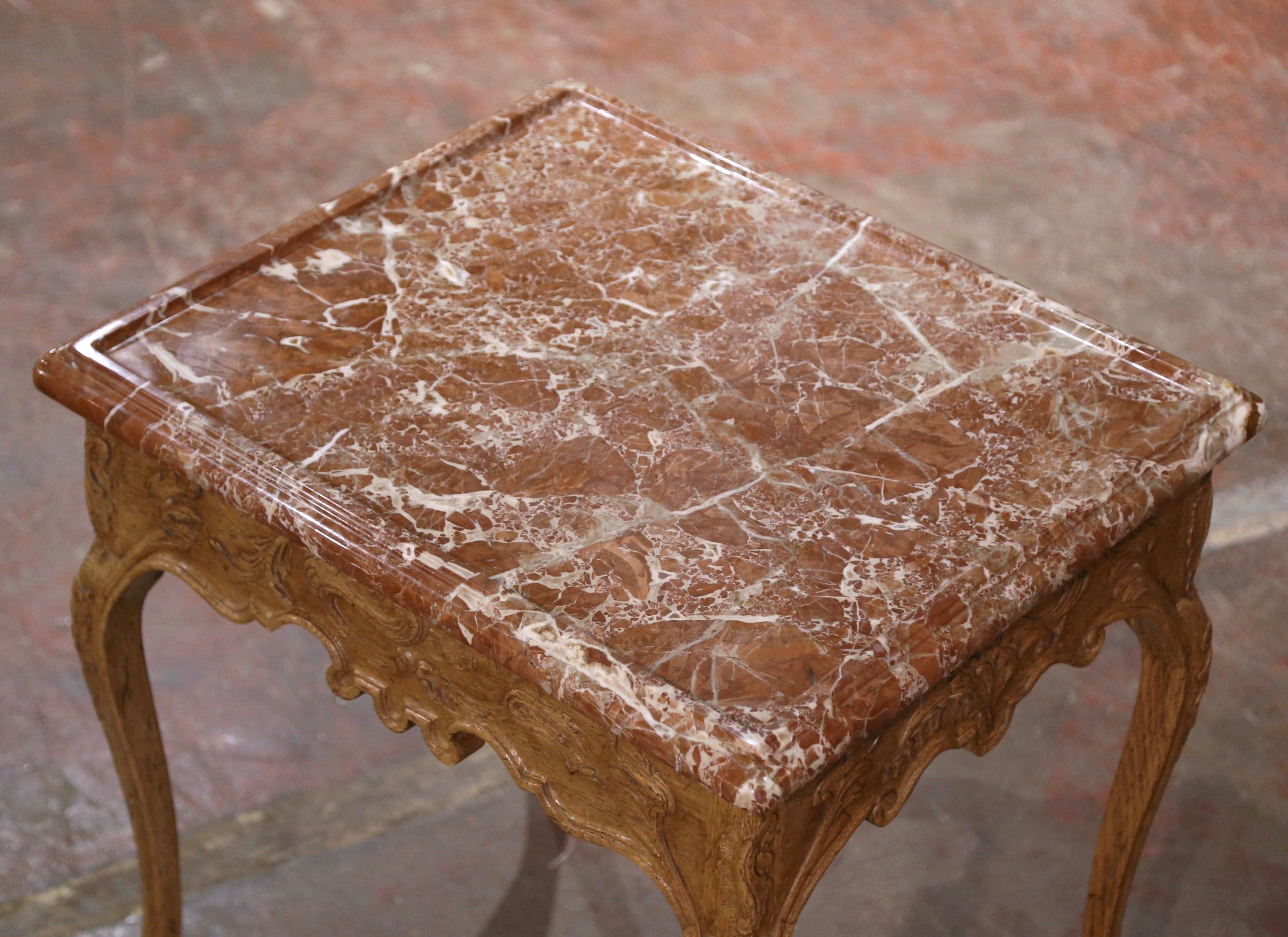 French Mid-Century Louis XV Style Marble Top Carved Bleached Oak  Side Table  For Sale