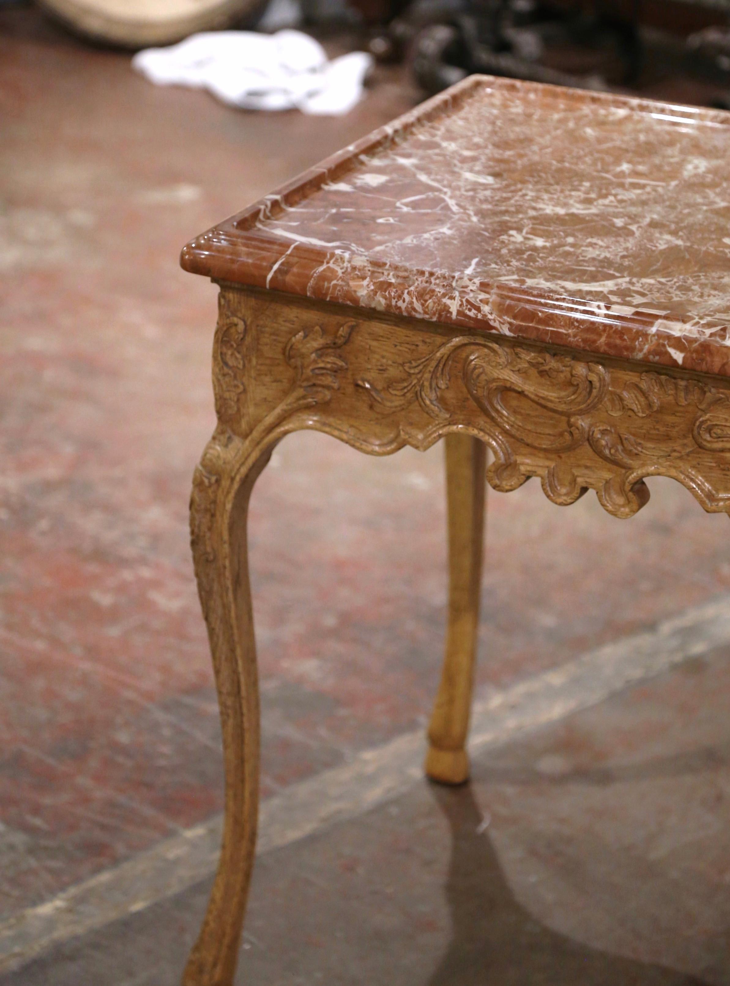 Hand-Carved Mid-Century Louis XV Style Marble Top Carved Bleached Oak  Side Table  For Sale