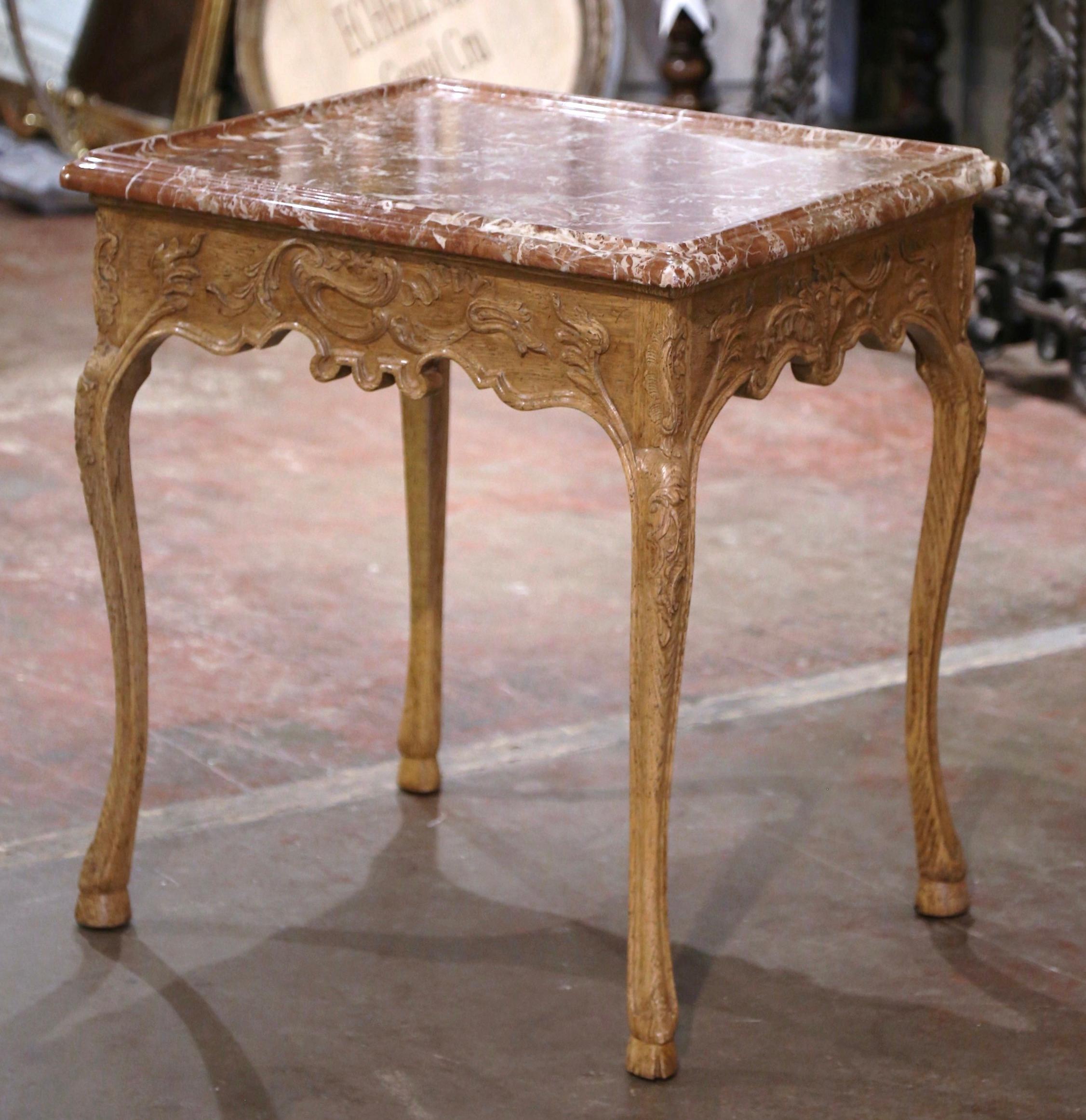 Mid-Century Louis XV Style Marble Top Carved Bleached Oak  Side Table  In Excellent Condition For Sale In Dallas, TX