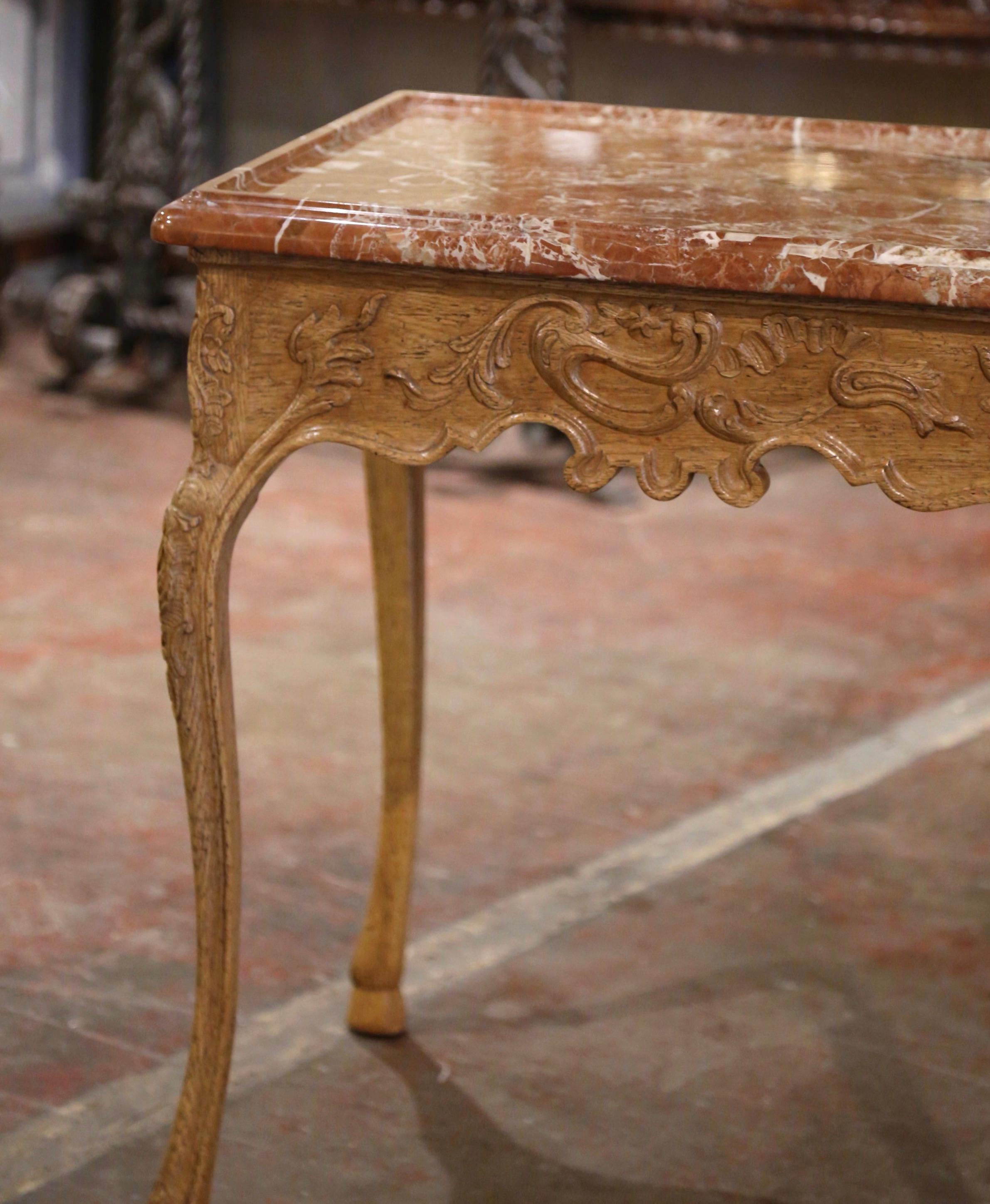 20th Century Mid-Century Louis XV Style Marble Top Carved Bleached Oak  Side Table  For Sale
