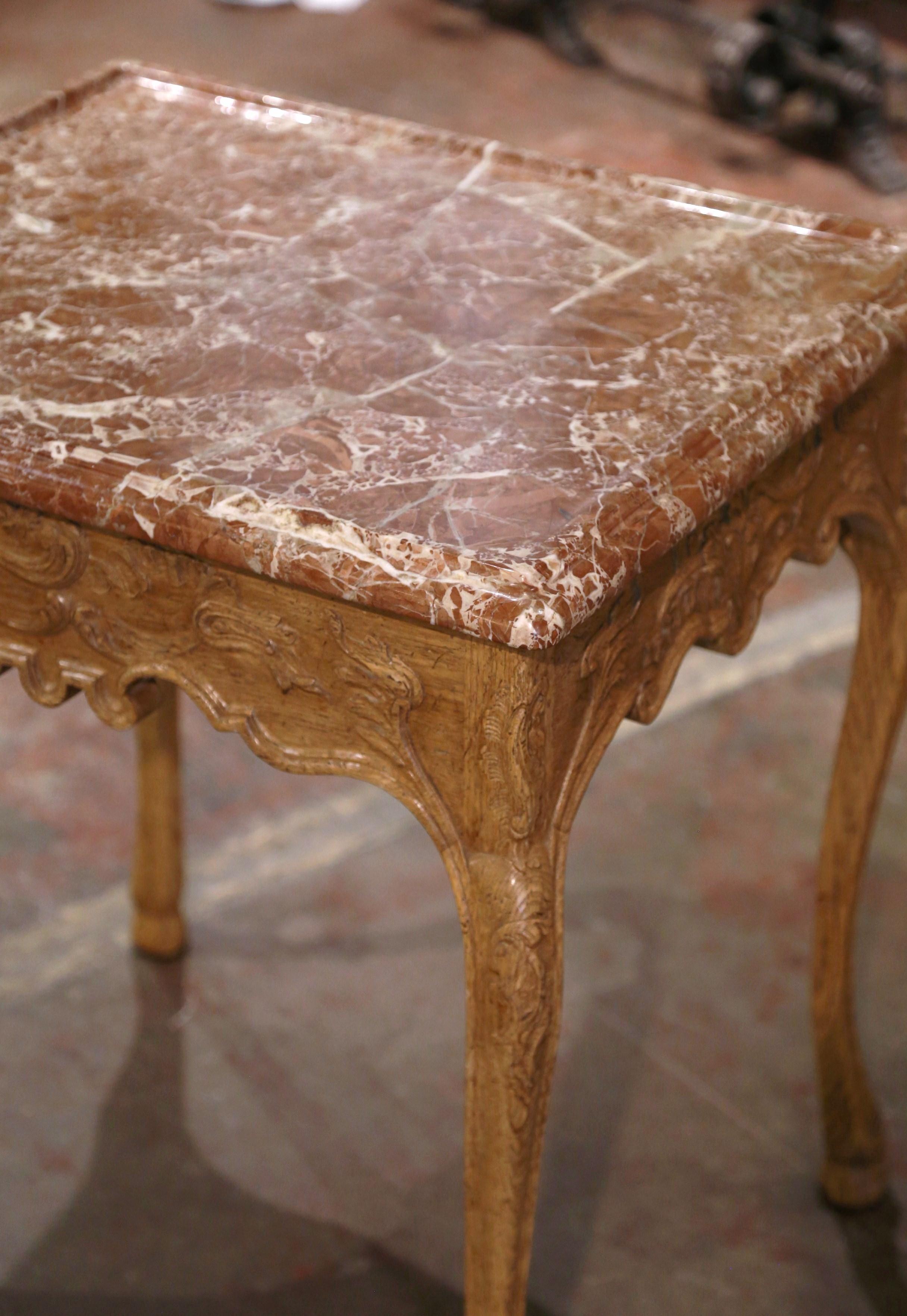 Mid-Century Louis XV Style Marble Top Carved Bleached Oak  Side Table  For Sale 1