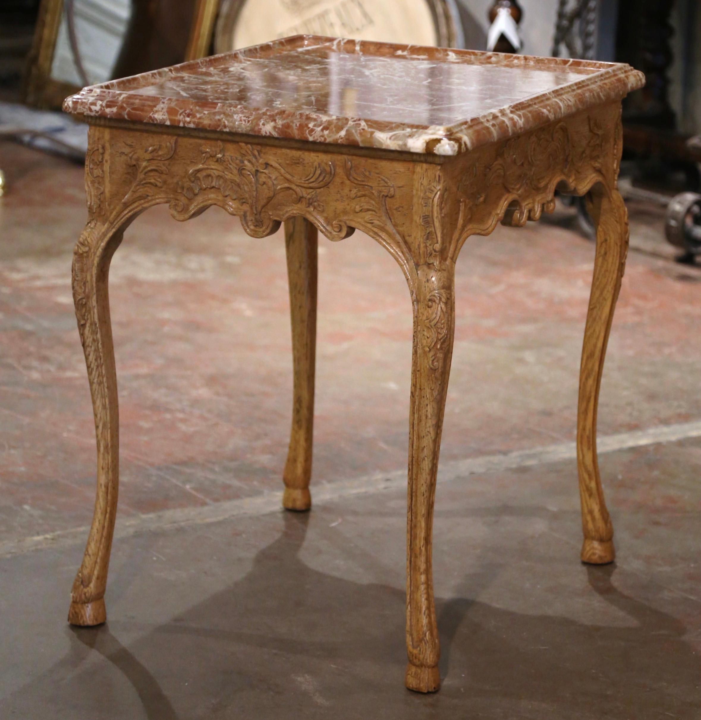 Mid-Century Louis XV Style Marble Top Carved Bleached Oak  Side Table  For Sale 2