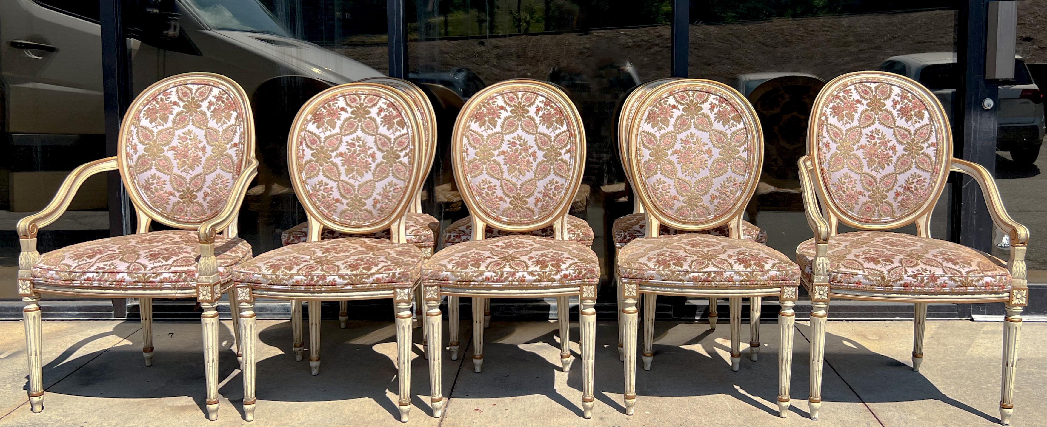 Mid-Century Louis XVI Style Dining Chairs in Cut Velvet by Karges - S/8 In Good Condition In Kennesaw, GA