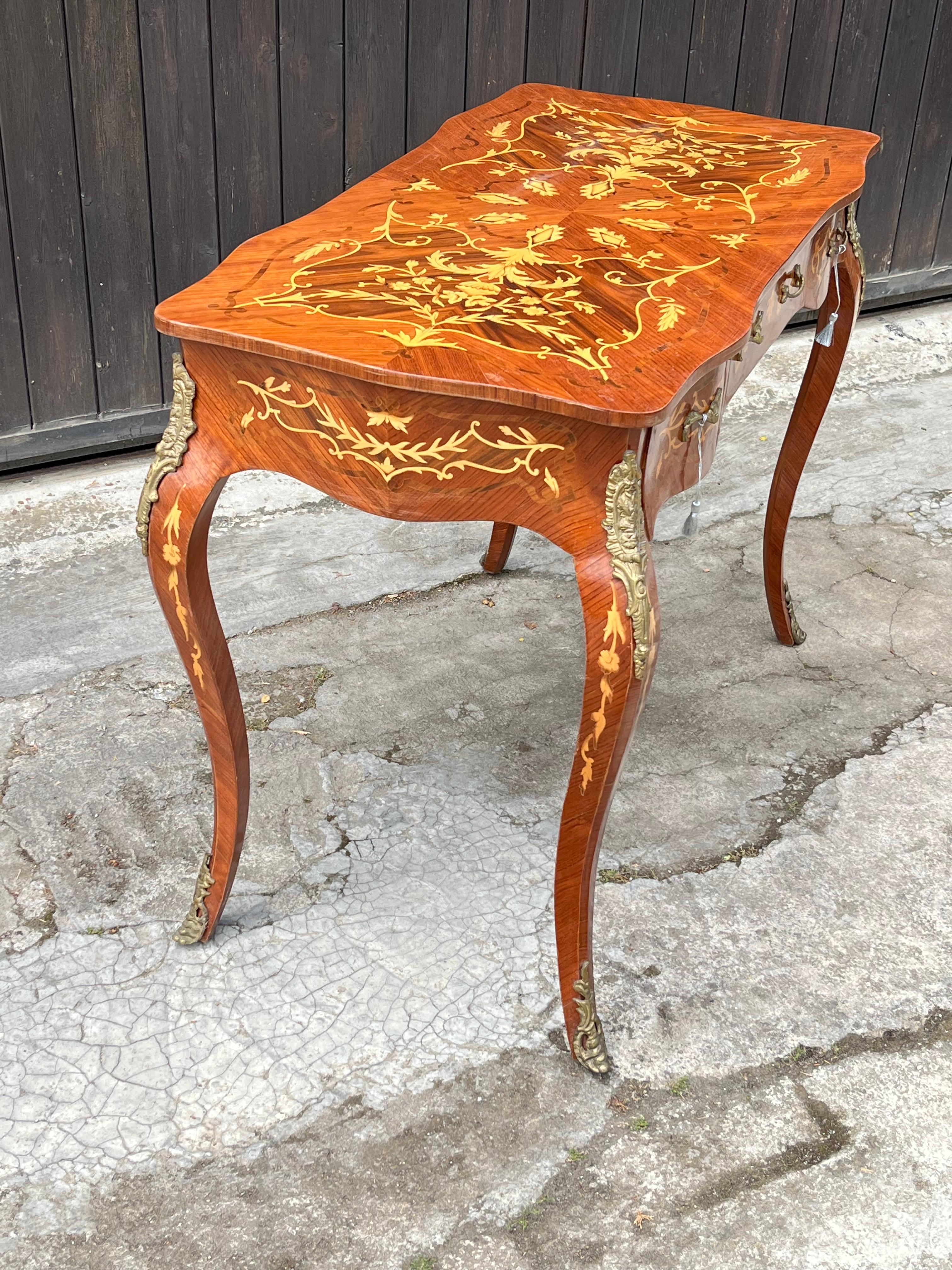 Bronze Mid-Century Louis XVI Style Inlaid Wood Desk, France 1960s For Sale