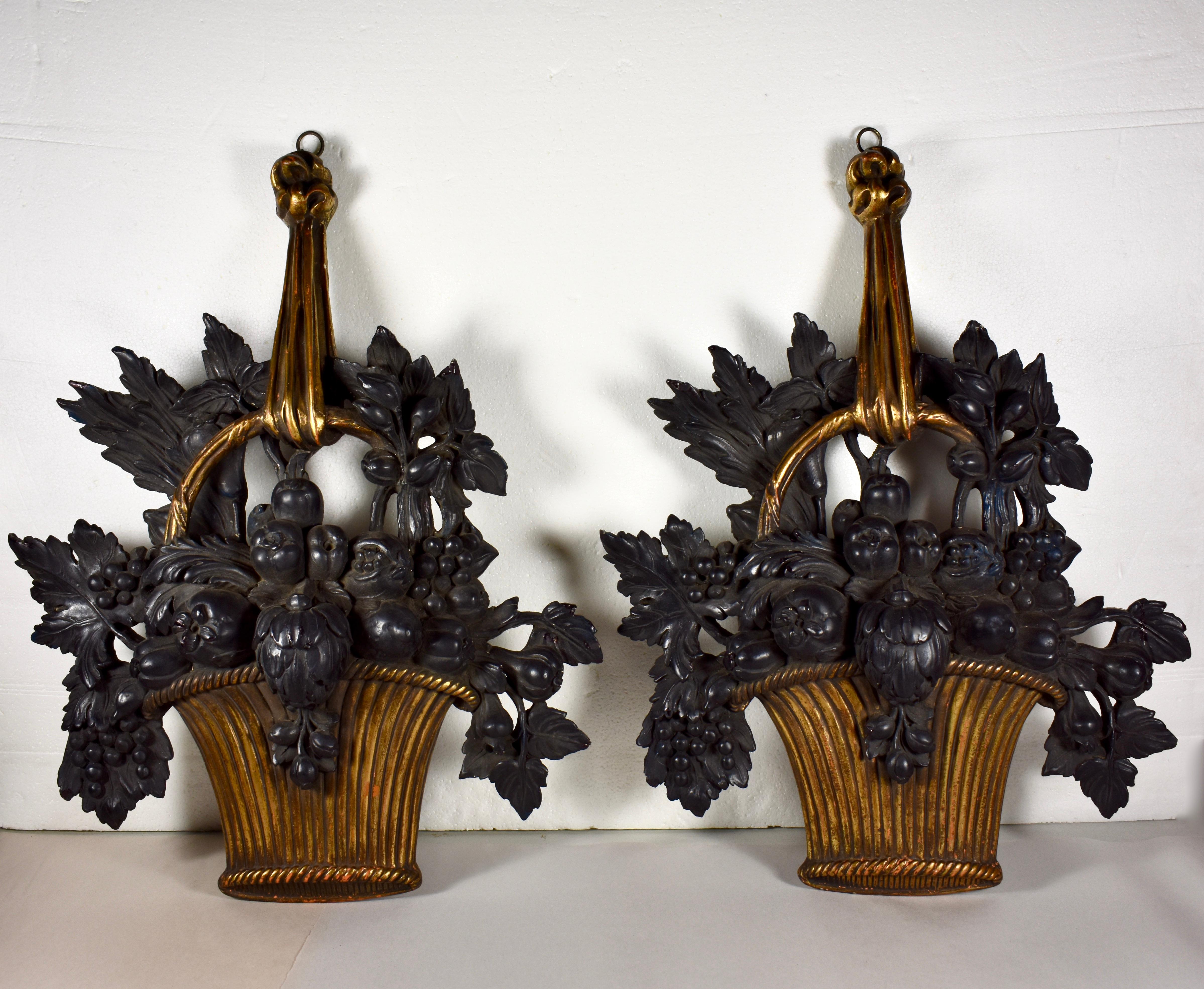 Mid-Century Louis XVI Style Molded Plaster Fruit Basket Hanging Appliqués, Pair 9