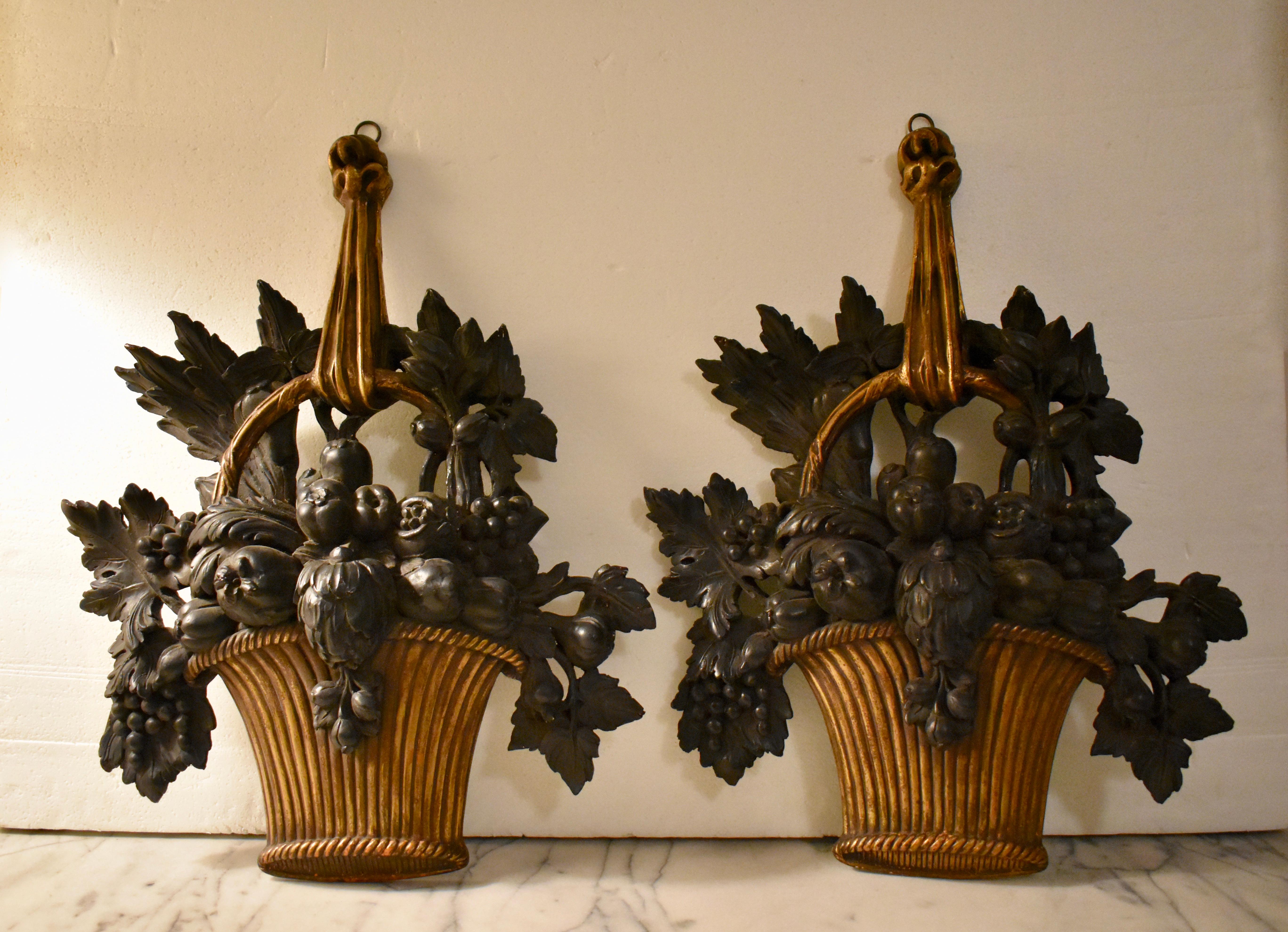 Mid-Century Louis XVI Style Molded Plaster Fruit Basket Hanging Appliqués, Pair 10