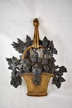 Mid-Century Louis XVI Style Molded Plaster Fruit Basket Hanging Appliqués, Pair