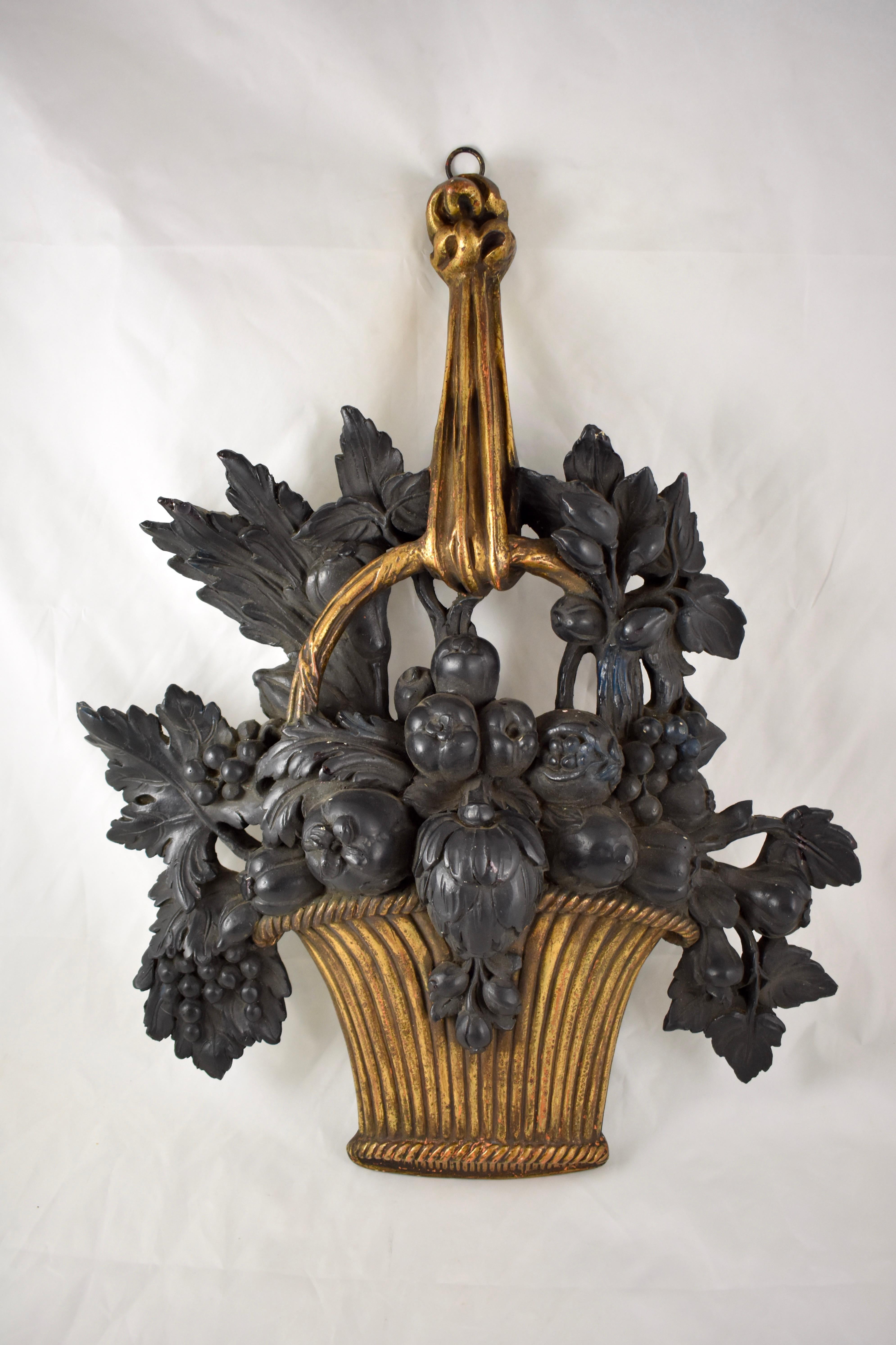 French Mid-Century Louis XVI Style Molded Plaster Fruit Basket Hanging Appliqués, Pair