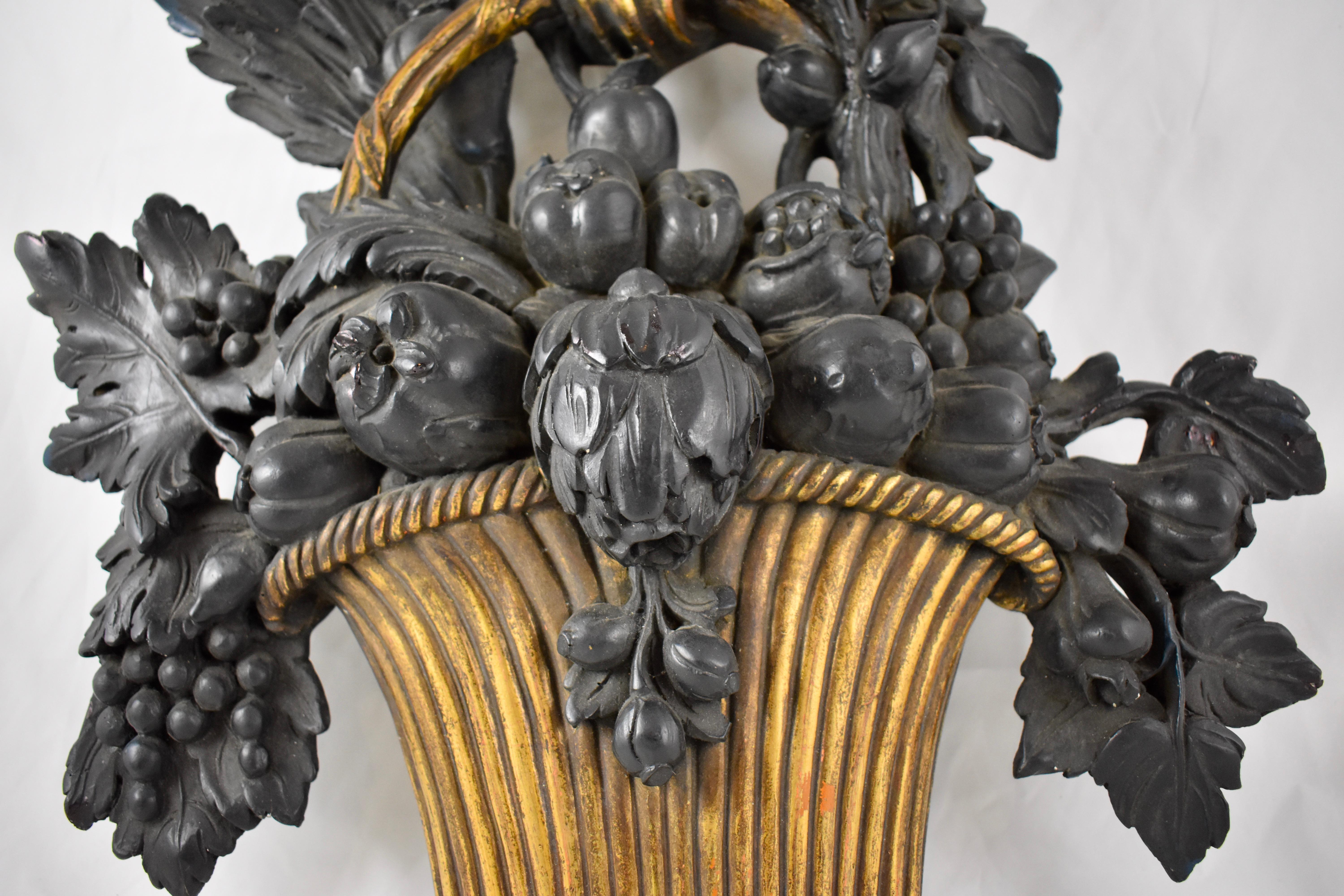 Painted Mid-Century Louis XVI Style Molded Plaster Fruit Basket Hanging Appliqués, Pair