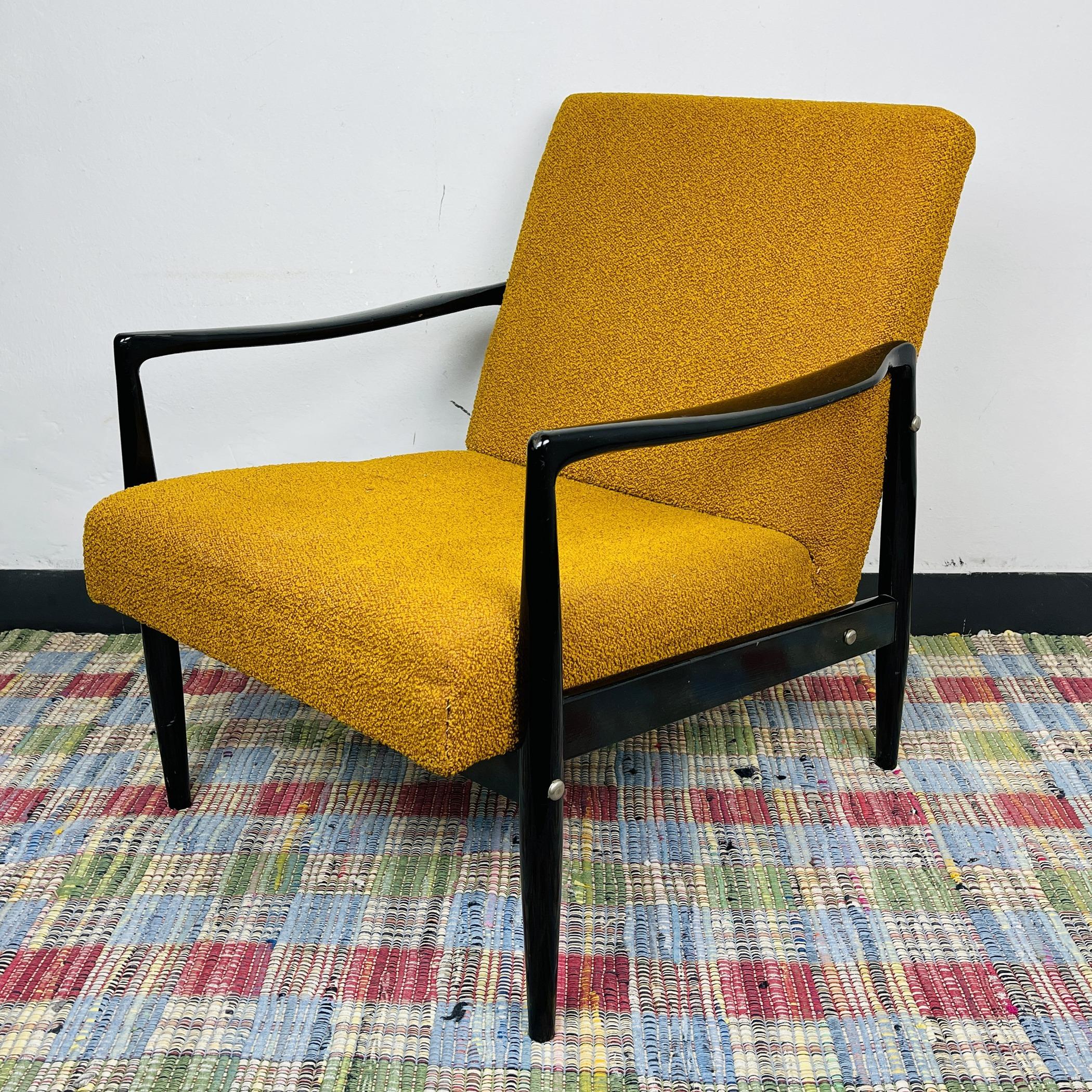 Lovely vintage armchair from the 70s. Made in Yugoslavia. 

Comfortable, stable. Perfectly complement the interior of your living room in a retro style.

Condition: wooden base in excellent condition with slight scuffs, the fabric is in good