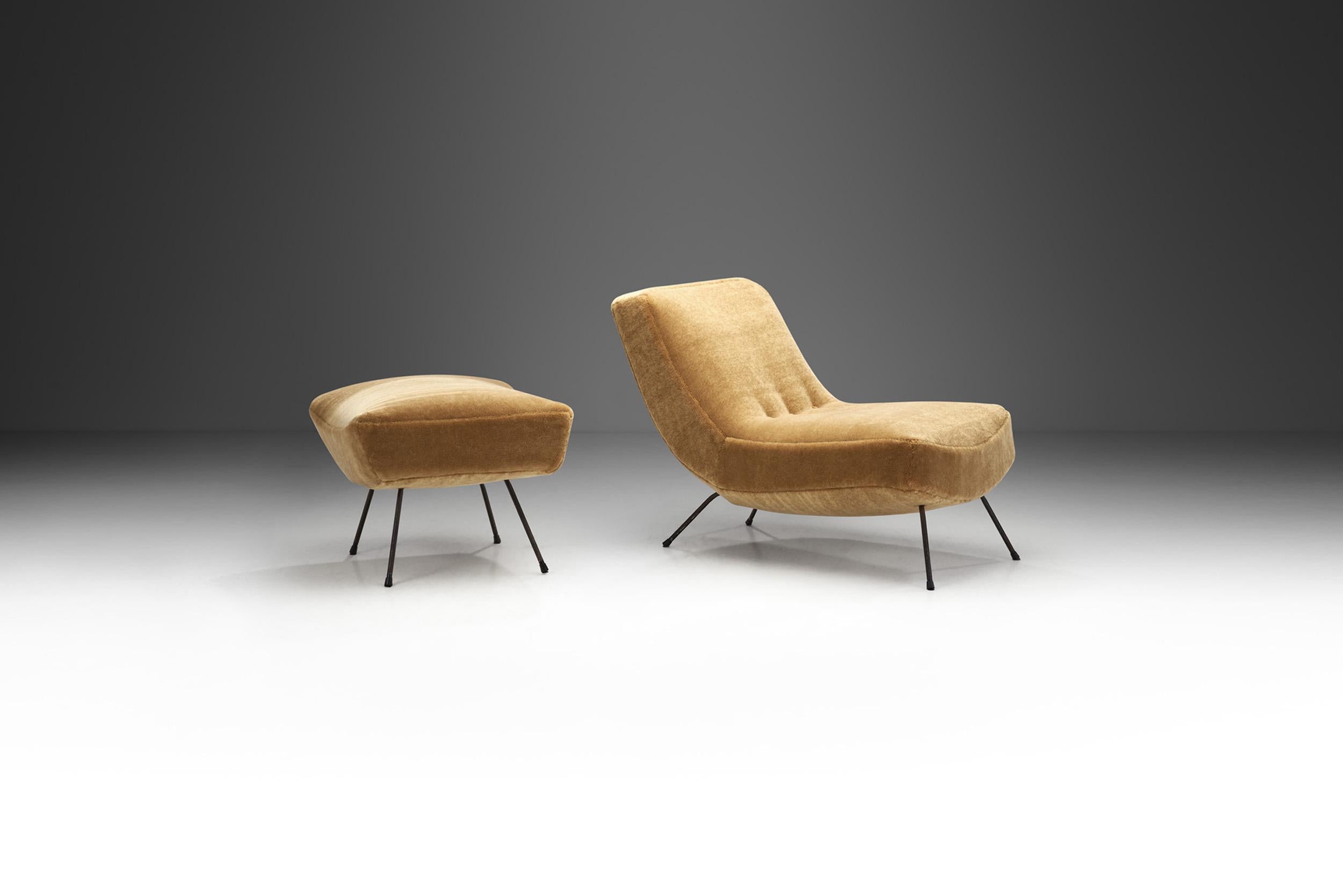 Mid-Century Modern Mid-Century Lounge Chair and Footstool with Tubular Steel Legs, Europe ca 1950s