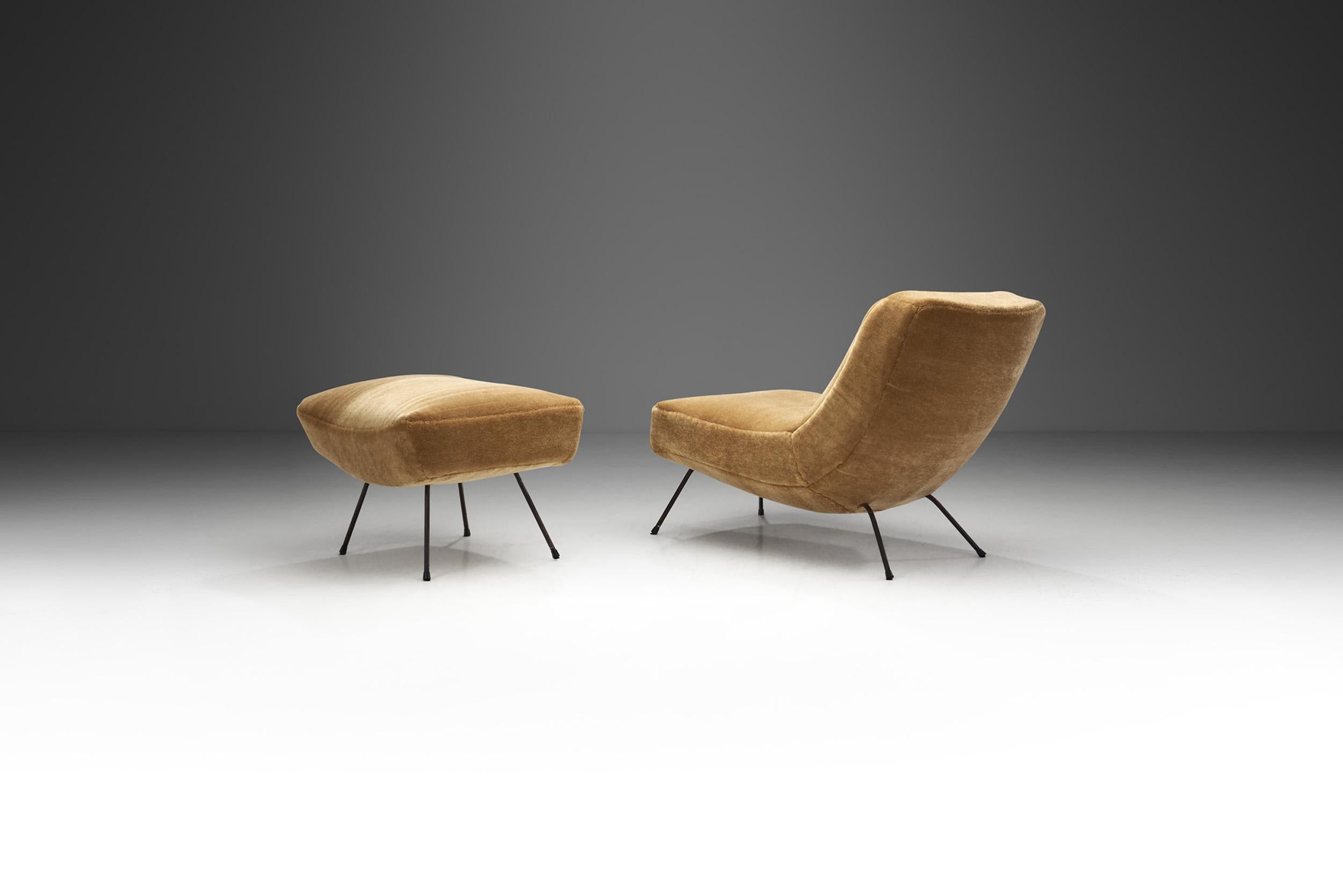European Mid-Century Lounge Chair and Footstool with Tubular Steel Legs, Europe ca 1950s