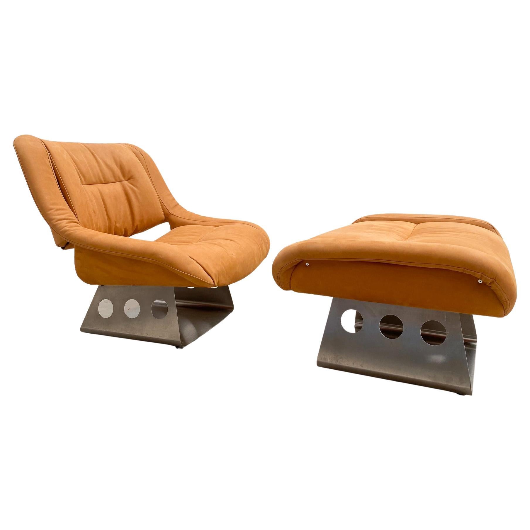 Mid-Century Lounge Chair and Ottoman, Italy, 1970s - New Leather Upholstery