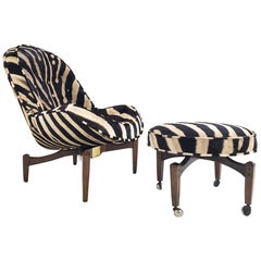 Mid-Century Lounge Chair and Ottoman Restored and Reupholstered in Zebra Hide