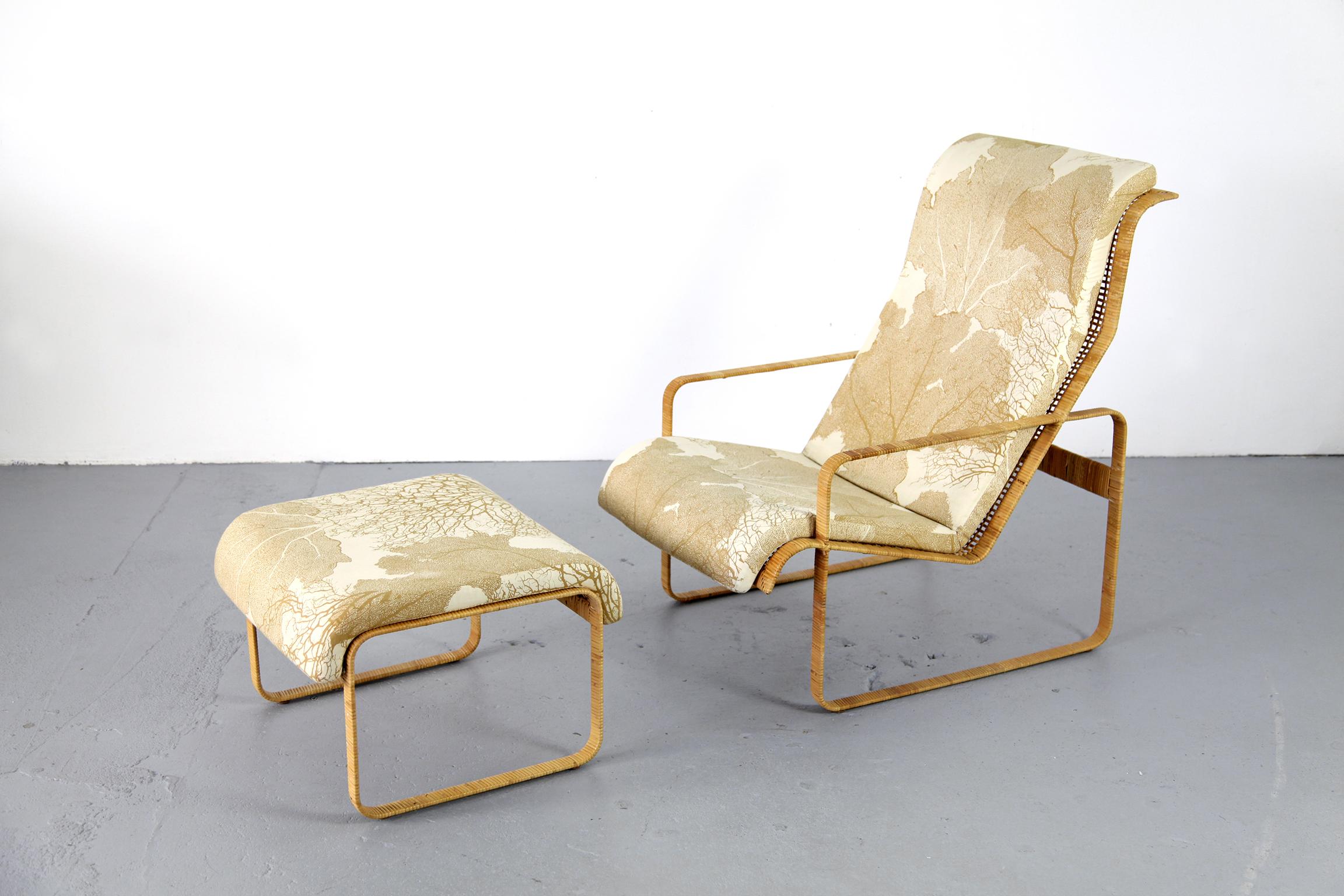 Mid-Century Modern Mid-Century Lounge Chair and Stool Kill International Made of Steel and Rattan For Sale