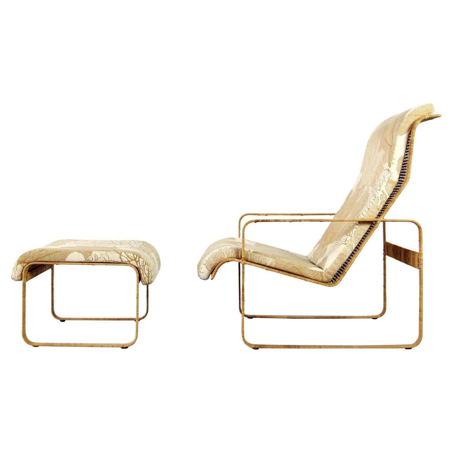 Mid-Century Lounge Chair and Stool Kill International Made of Steel and Rattan