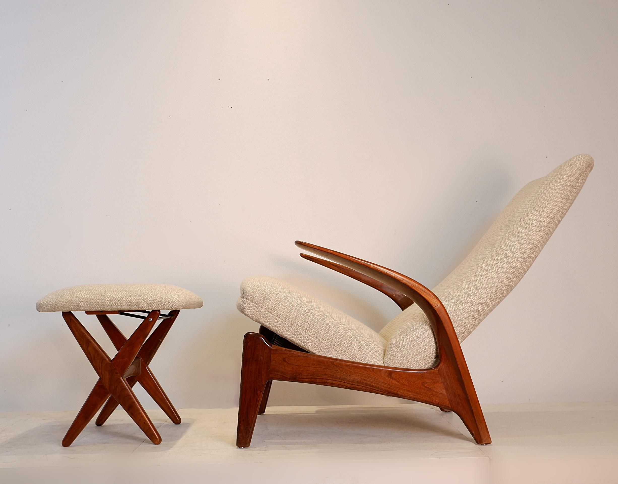 Wood Mid-century Lounge Chair and Stool 