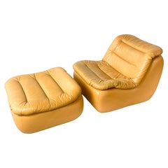 Mid-Century Lounge Chair + Hocker in Vintage Leather