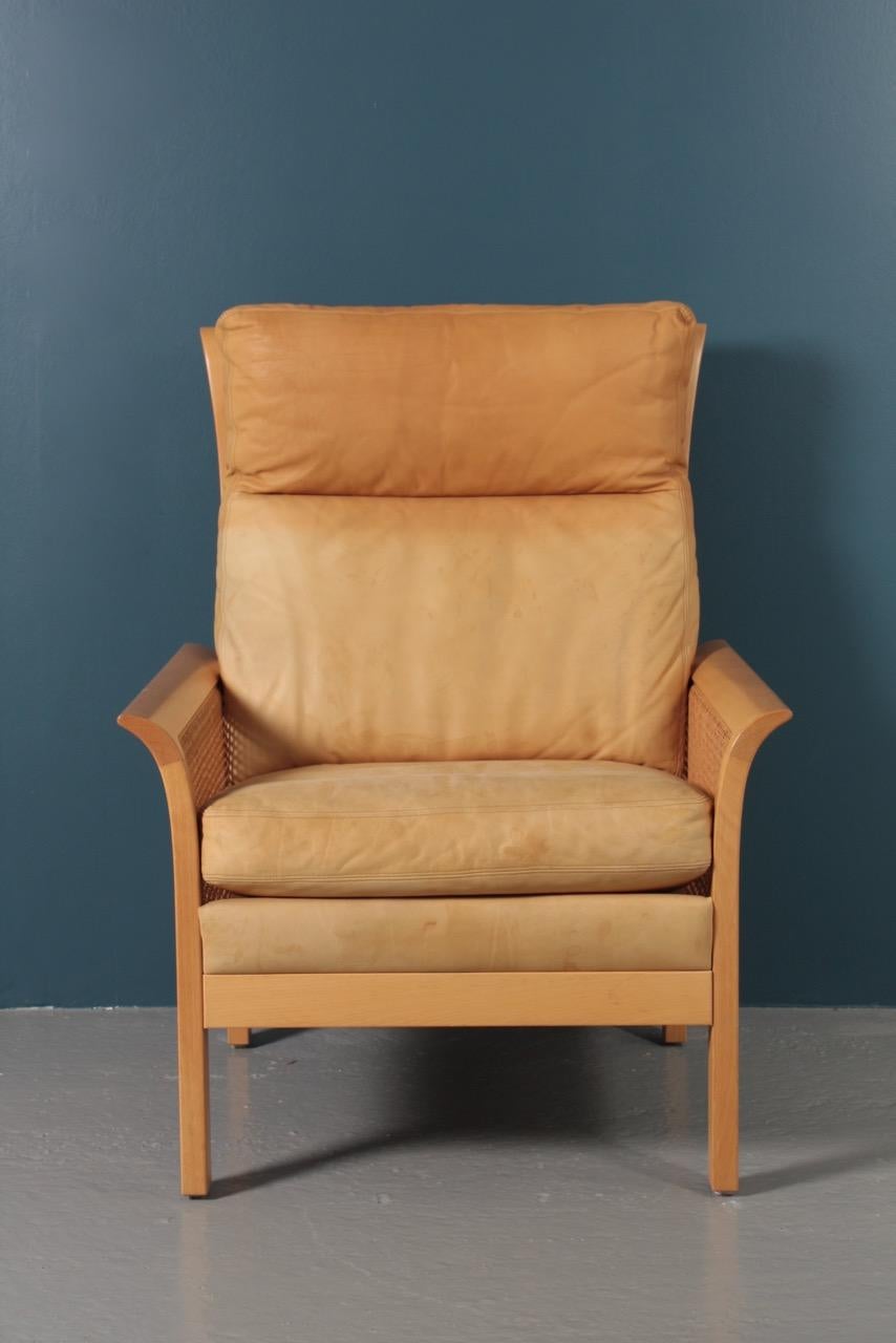 Midcentury Lounge Chair in Patinated Leather and Cane Designed by Arne Norell 2