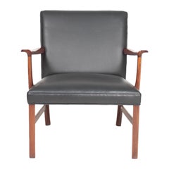 Fauteuil de salon du milieu du siècle dernier en bois de rose et cuir de Wanscher, design danois des années 1950