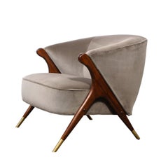 Mid Century Lounge Chair in Walnut & Velvet with Brass Detailing by Karpen