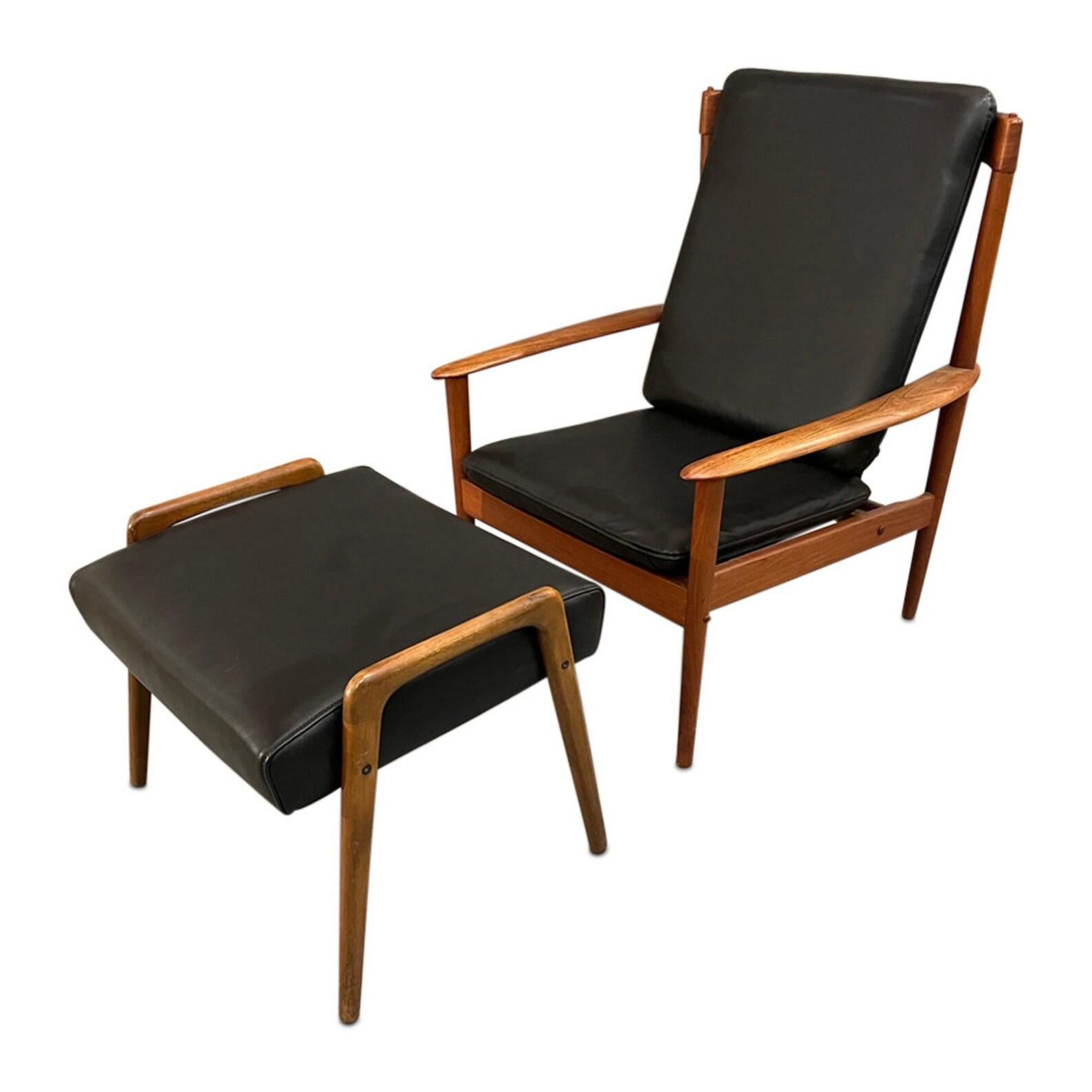 Completely restored Lounge chair model PJ 56 + ottoman. Designed in 1956. 
Teak wood with new black leather cushions. 

dimensions chair: 
Arm to Arm W28 inches 
Depth 32” inches 
High back 36 inches 
Seat height: 15 inches 
Arms height: