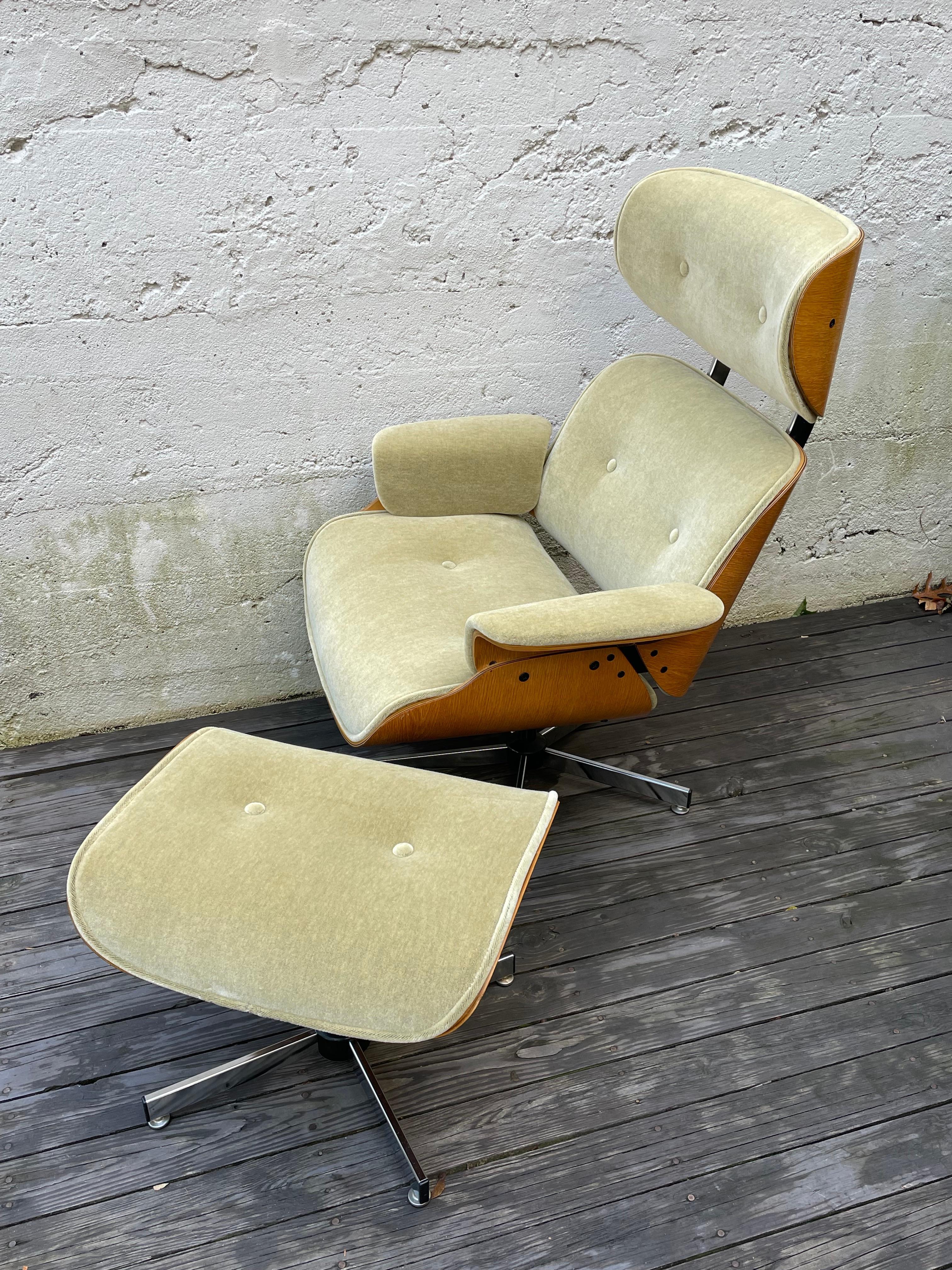 Stunning lounge chair and ottoman by Plycraft upholstered in beautiful Champagne color mohair. Molded birchwood frame on chrome base.