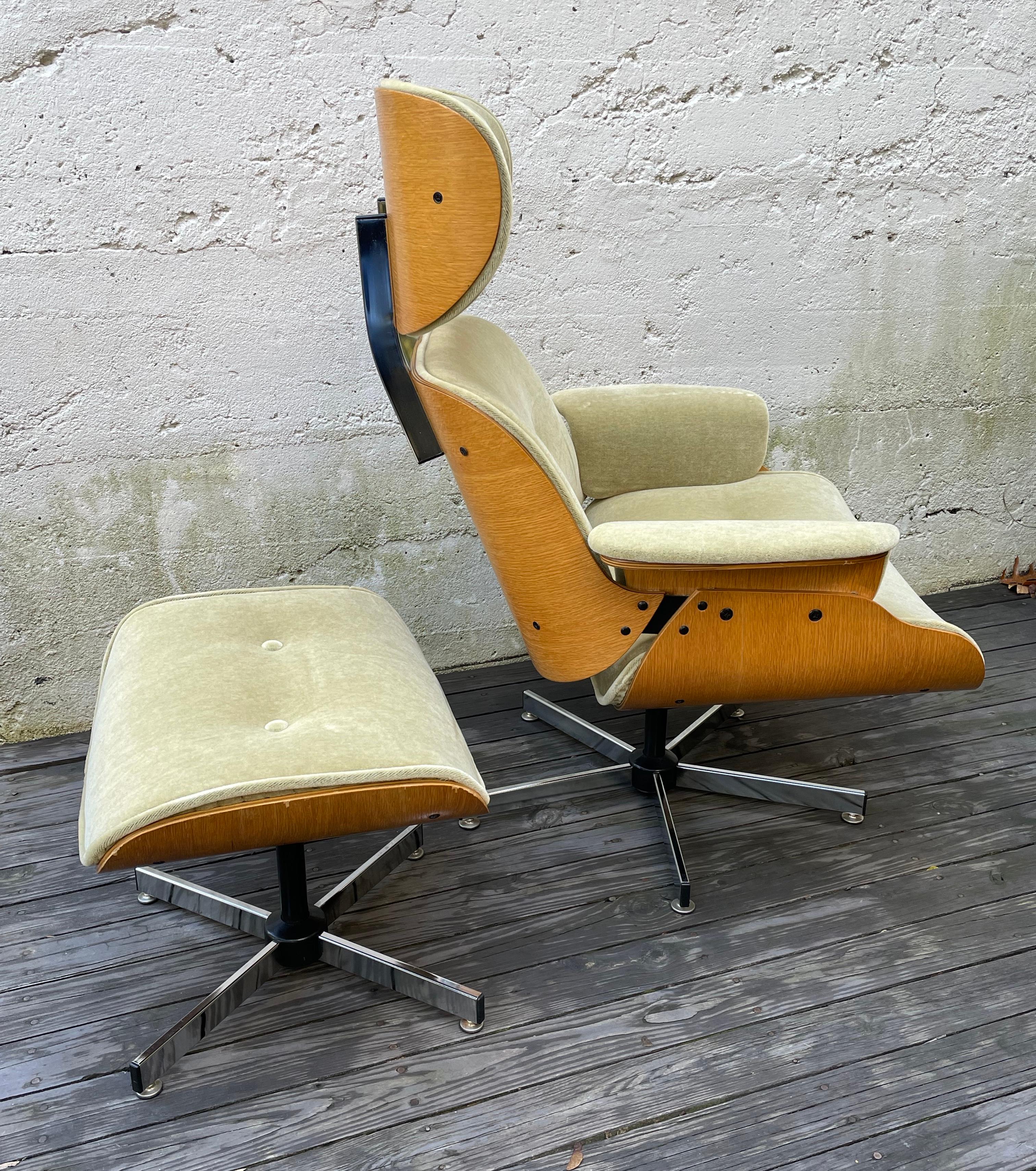 American Mid Century Lounge Chair & Ottoman by Plycraft in Champagne Color Mohair Fabric