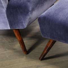 Mid-Century Lounge Chair & Ottoman in Aubergine Velvet & Tapered Walnut Supports