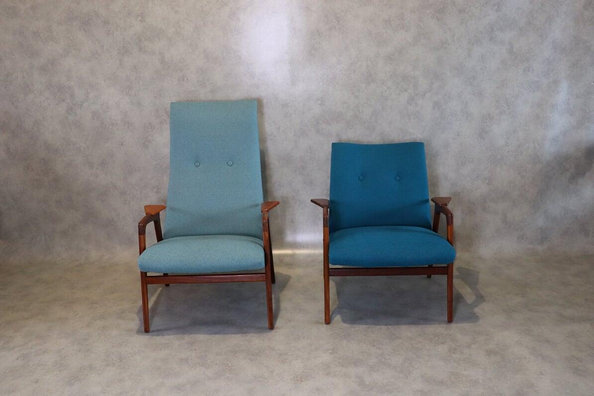 Unique set of high and low easy chairs designed by Yngve Ekström for ESE-Möbler/Swedese. Those chairs were documented in the Pastoe catalogs from the 1960s and displayed in the Pastoe showrooms. Reupholstered in high quality Italian fabric of 100