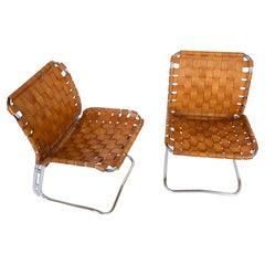 Mid Century Lounge Chairs Chrome Plated Patinated Cognac Leather, Italy, 1970s Mid Century Lounge Chairs Chrome Plated Patinated Cognac Leather, Italy, 1970s