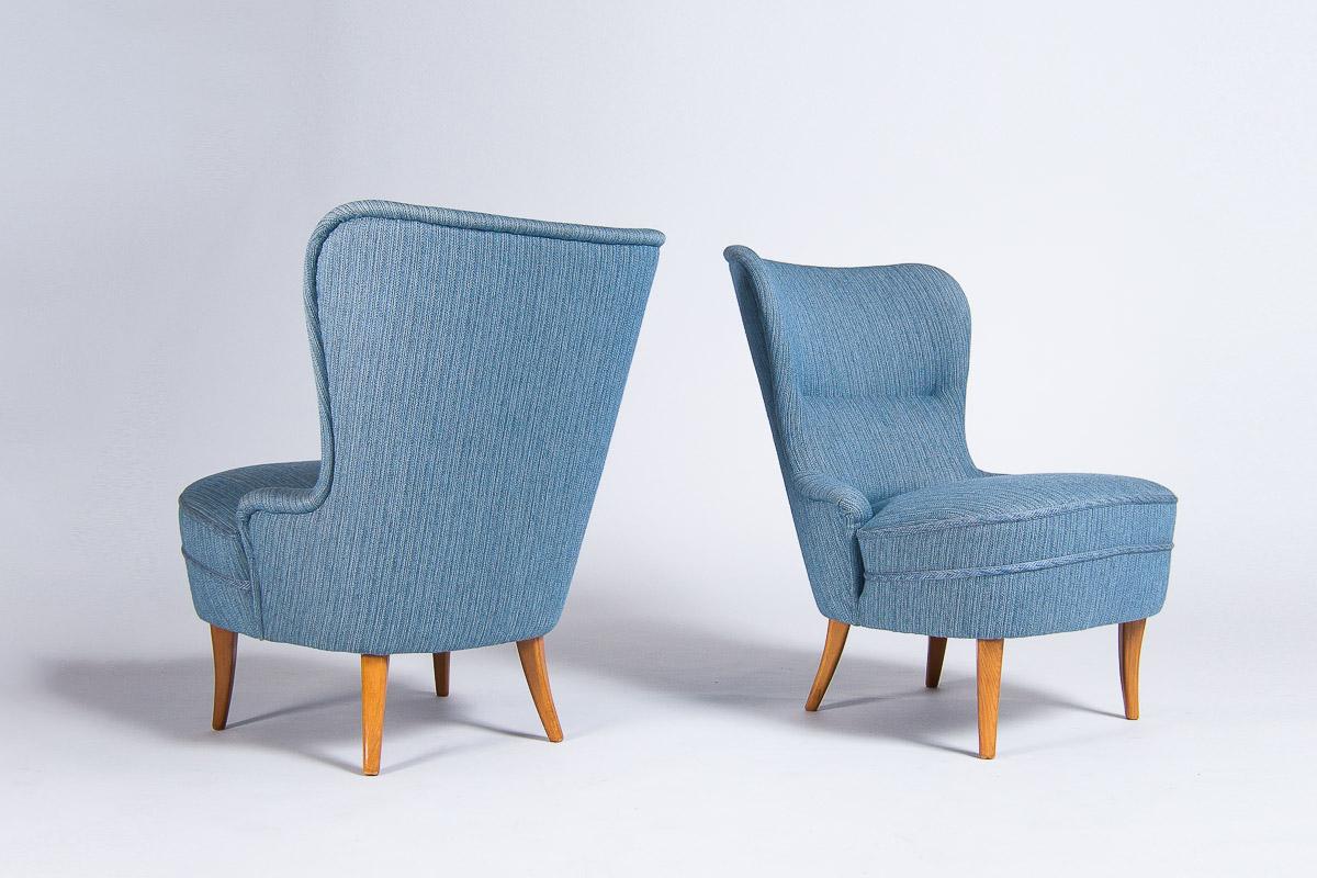 Scandinavian Modern Mid Century Lounge Chairs in Blue Wool & Oak, Swedish Design 1950’s