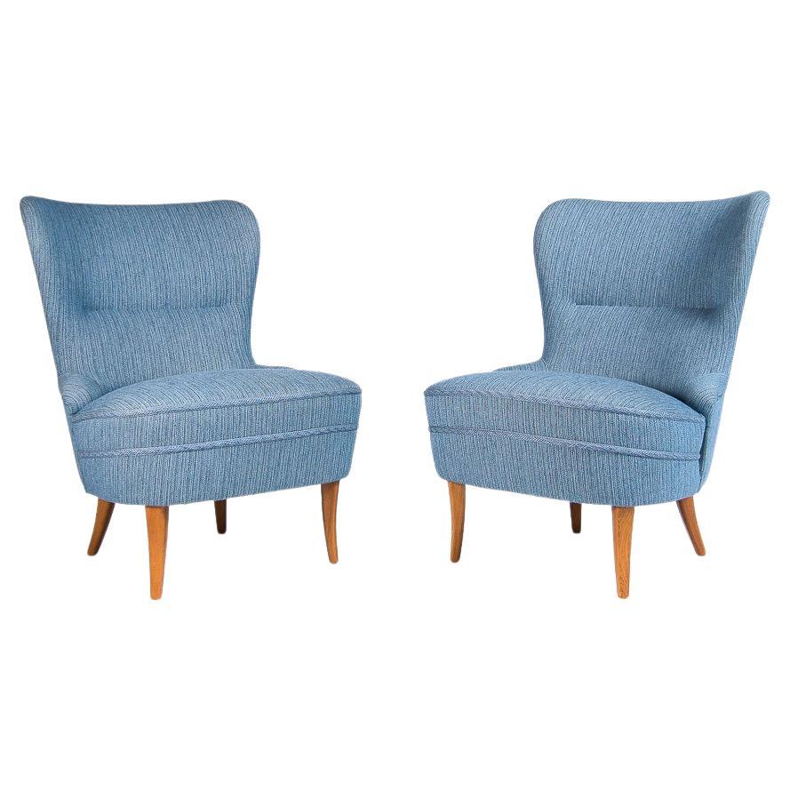 Mid Century Lounge Chairs in Blue Wool & Oak, Swedish Design 1950’s