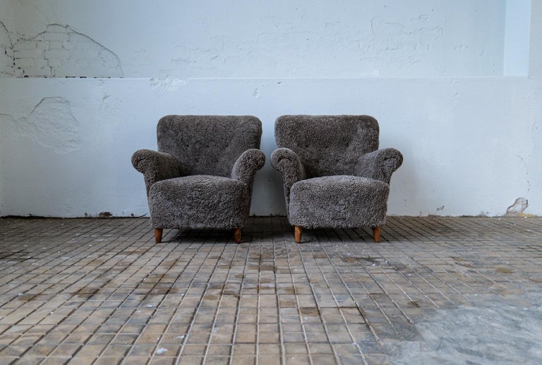 Swedish Mid Century Lounge Chairs in Grey/Black Sheepskin Shearling Sweden, 1940s