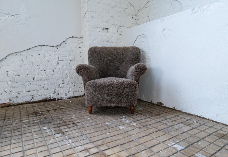 Mid-20th Century Mid Century Lounge Chairs in Grey/Black Sheepskin Shearling Sweden, 1940s