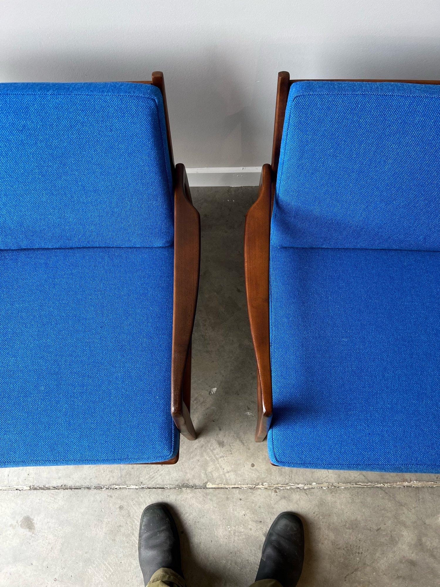 Fabric Mid-Century Lounge Chairs in Vibrant Blue - a Pair