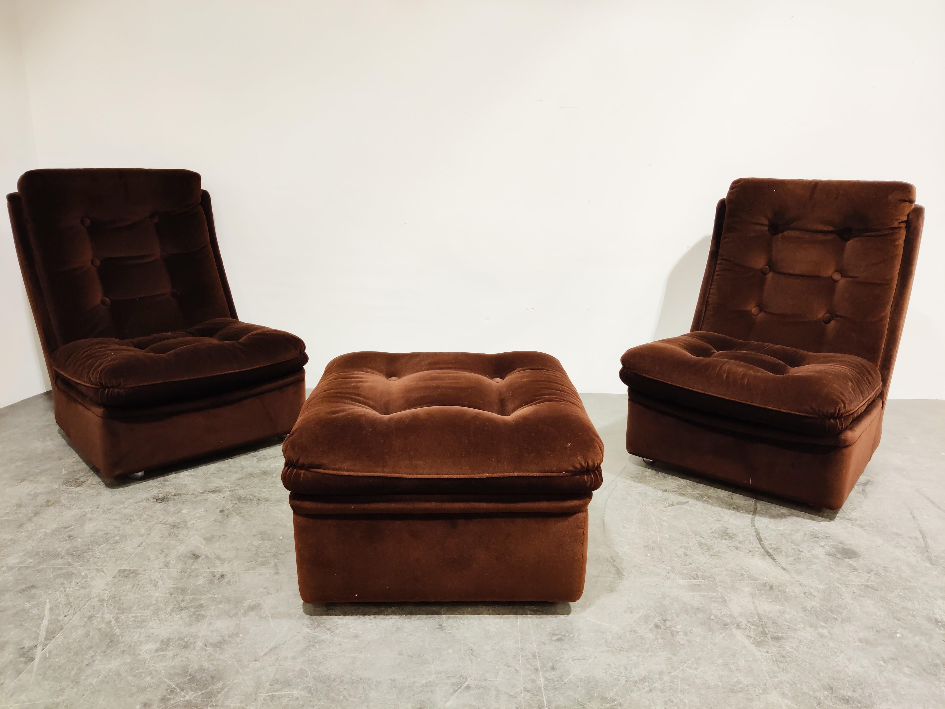 Mid-Century Modern Midcentury Lounge Chairs with Ottoman, 1970s