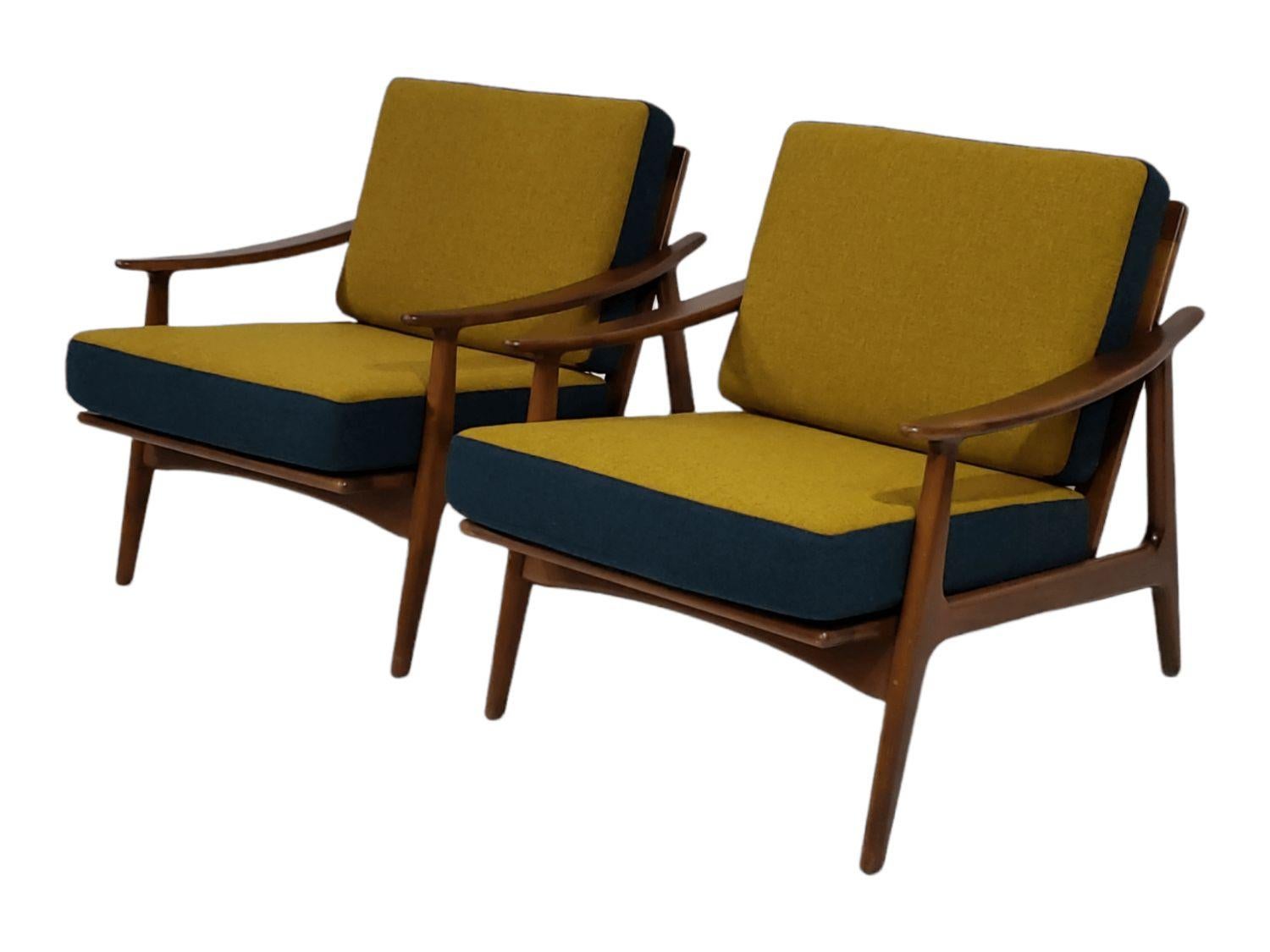 Wool Mid Century Lounge Chairs with Reversible Cushions