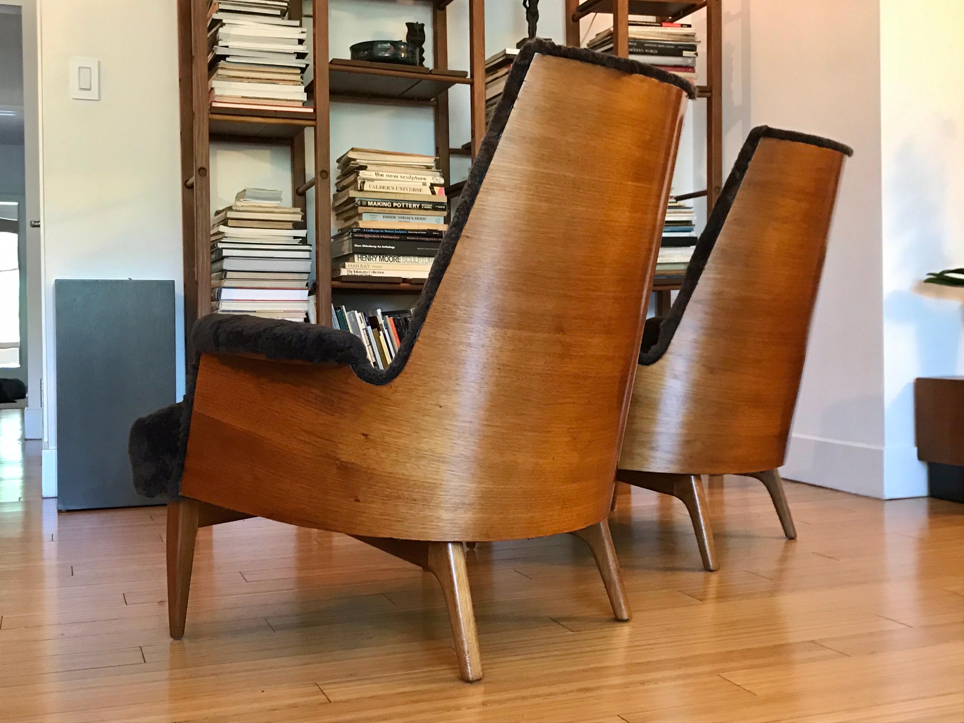Bent Wood Lounge Chairs with Sheepskin Upholstery, 20th Century 3