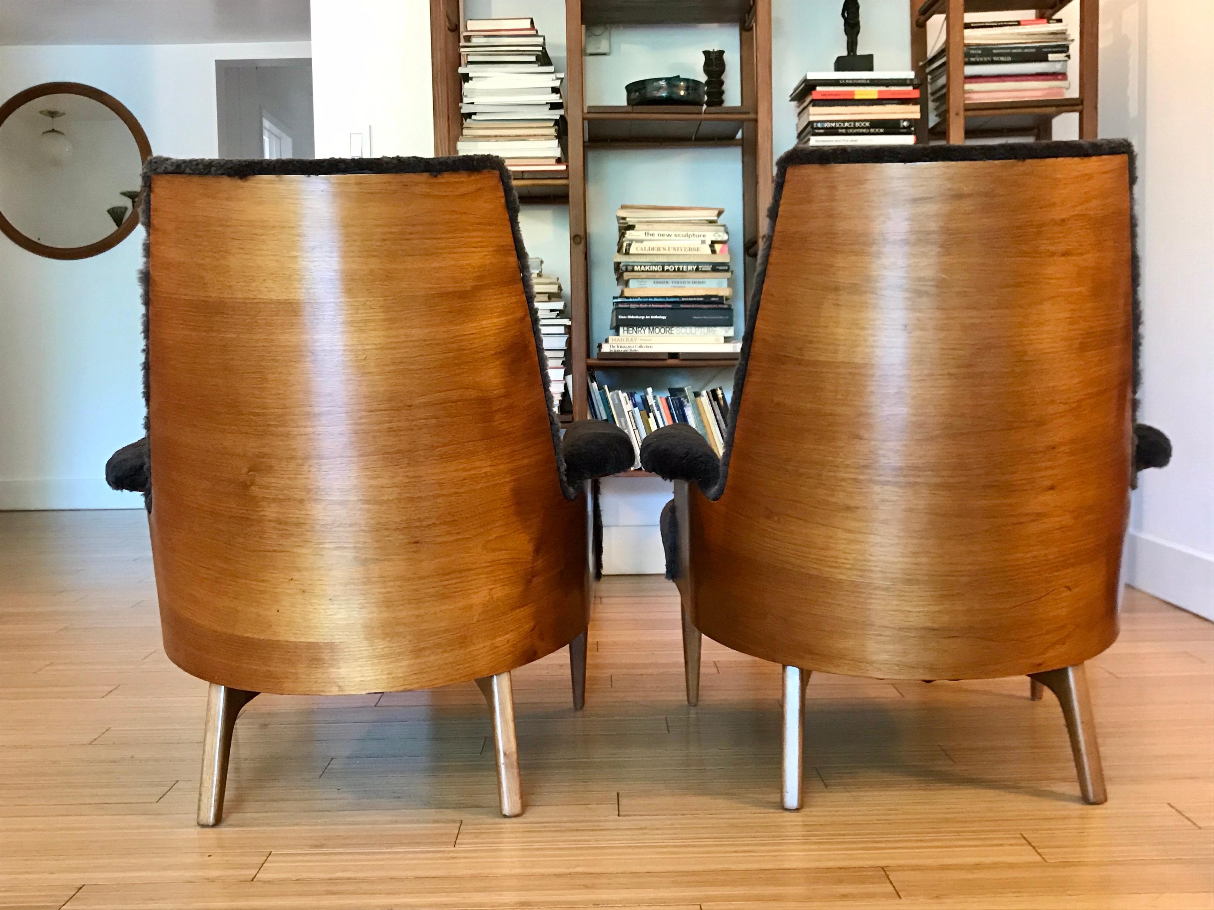 Bent Wood Lounge Chairs with Sheepskin Upholstery, 20th Century 2