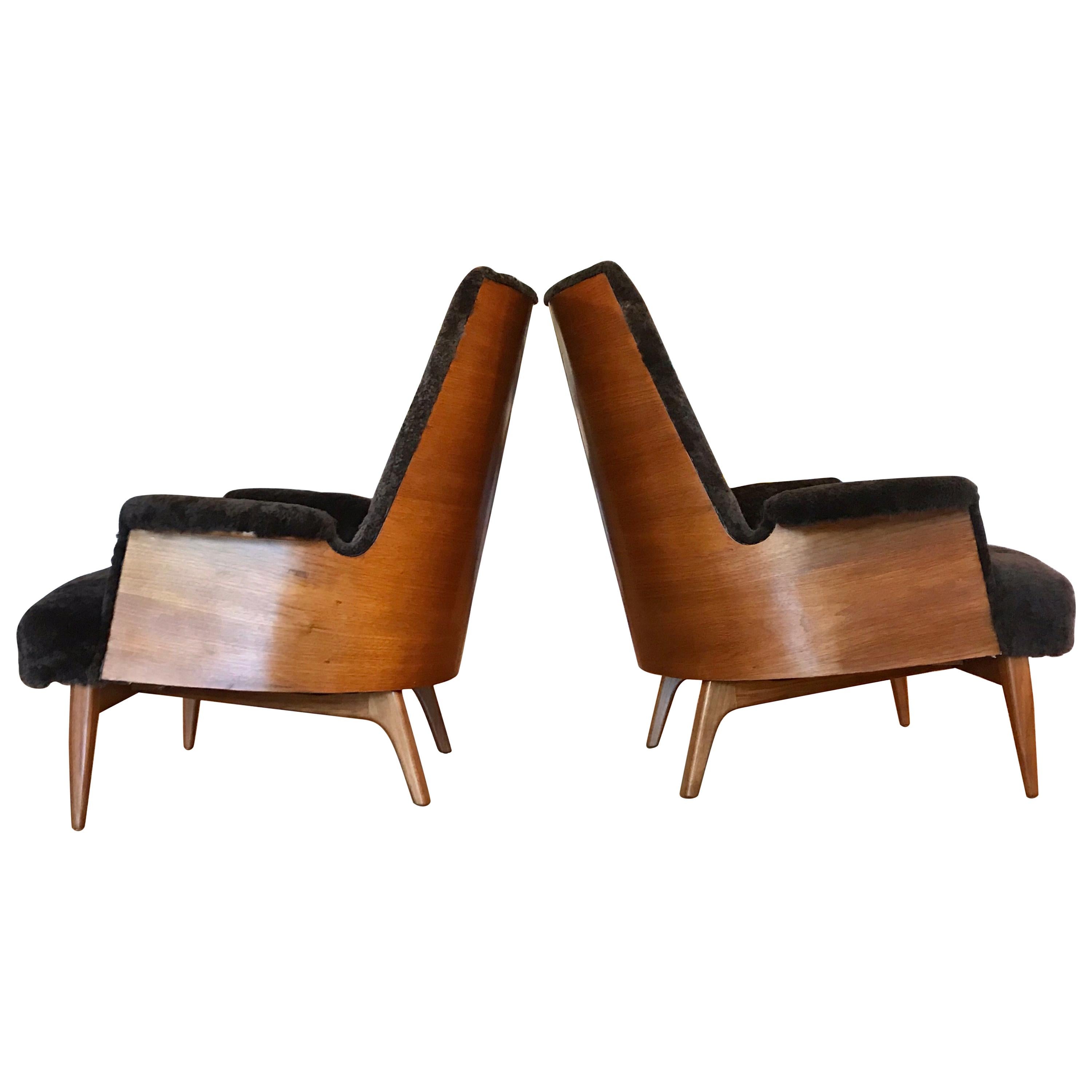 Bent Wood Lounge Chairs with Sheepskin Upholstery, 20th Century