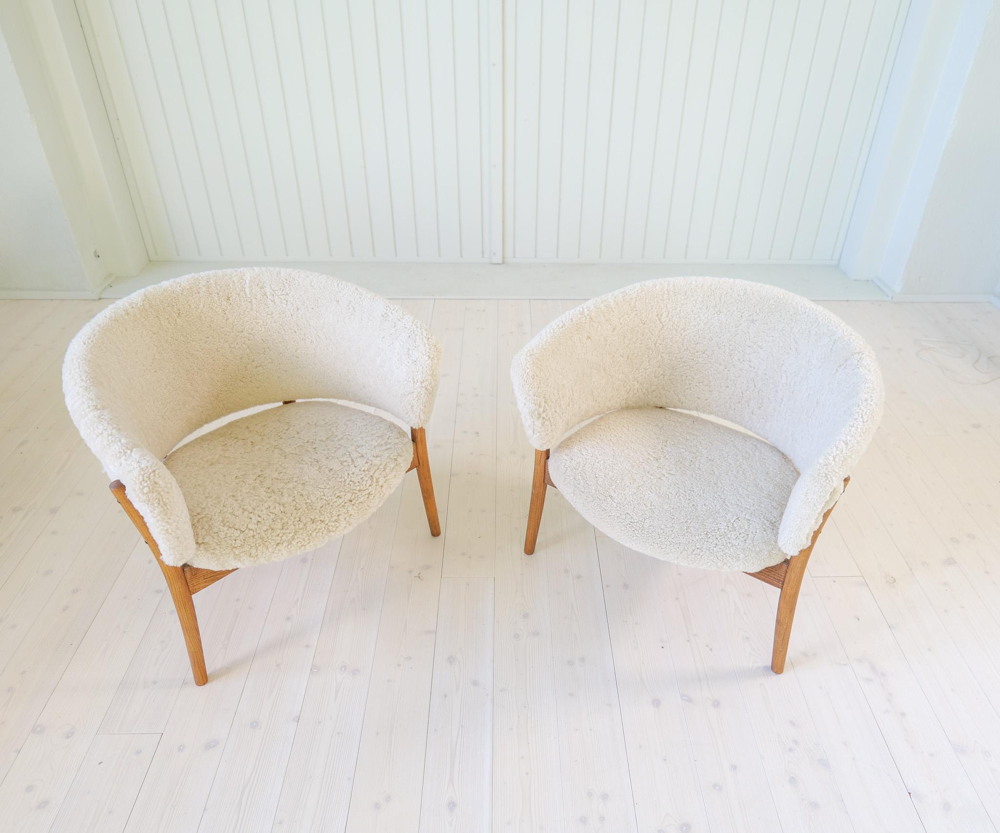 Mid-Century Lounge Chairs in Sheepskin/Shearling and Stained Wood, Sweden, 1962 For Sale 5