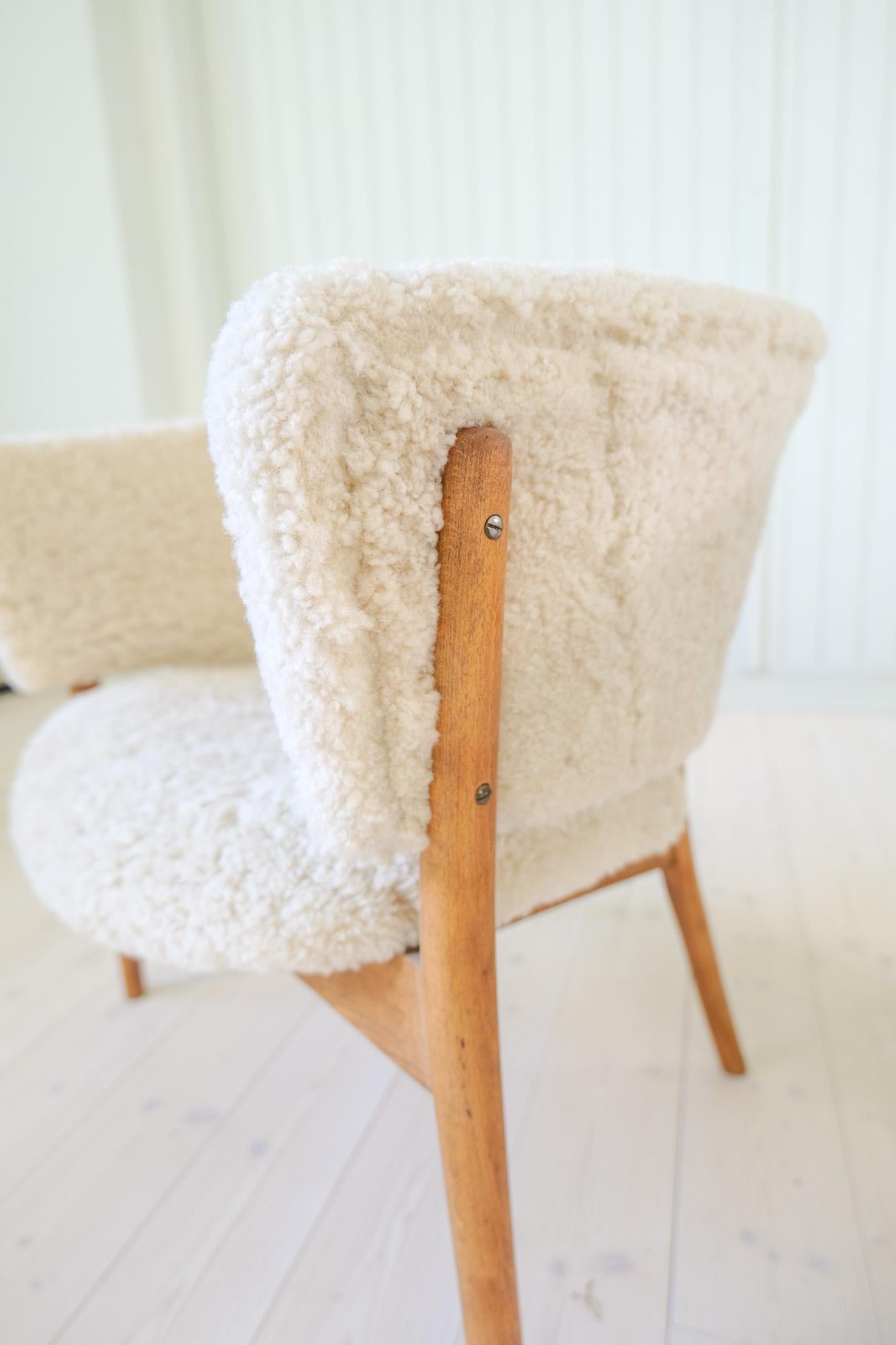 Mid-Century Lounge Chairs in Sheepskin/Shearling and Stained Wood, Sweden, 1962 For Sale 8