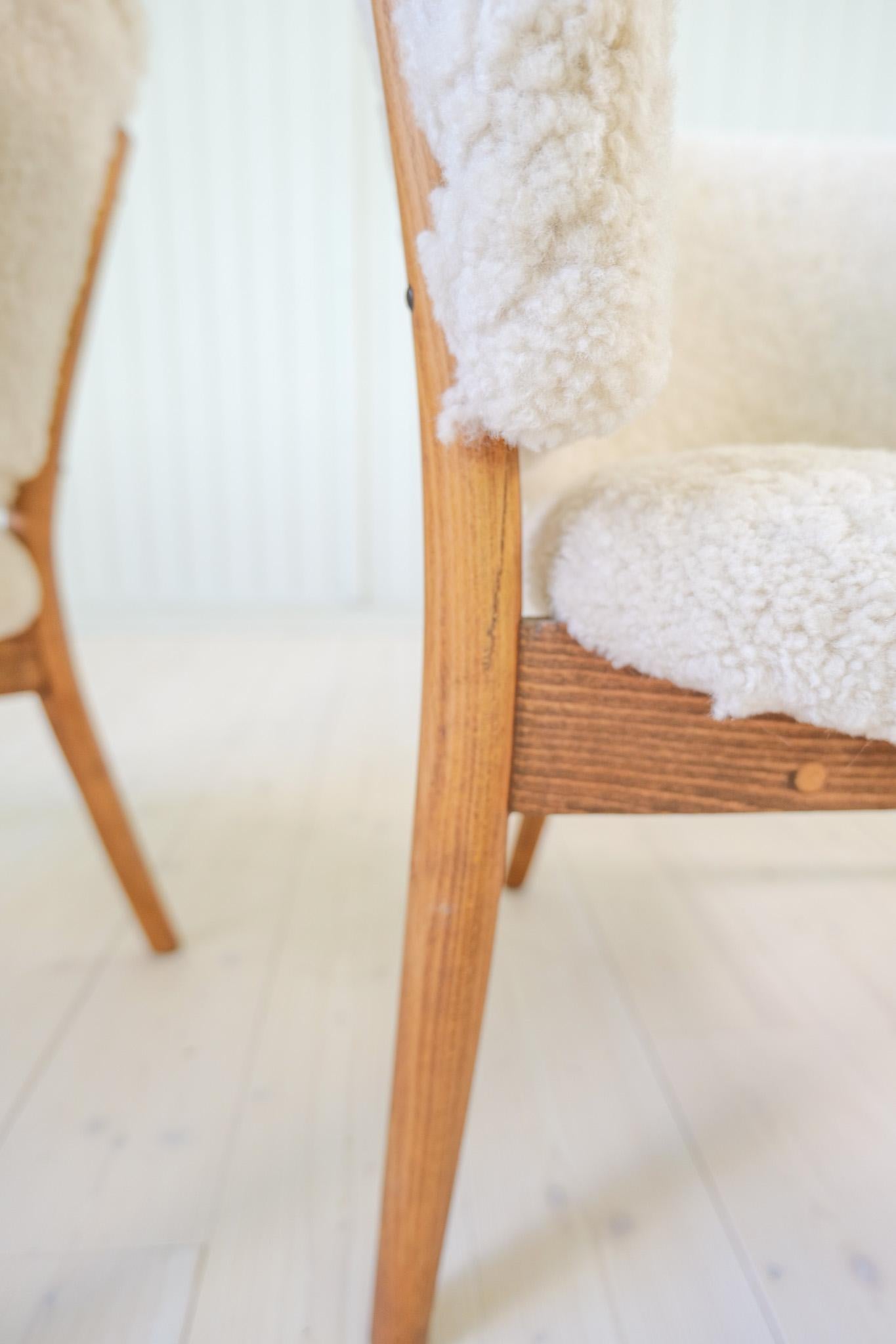 Mid-Century Lounge Chairs in Sheepskin/Shearling and Stained Wood, Sweden, 1962 For Sale 9